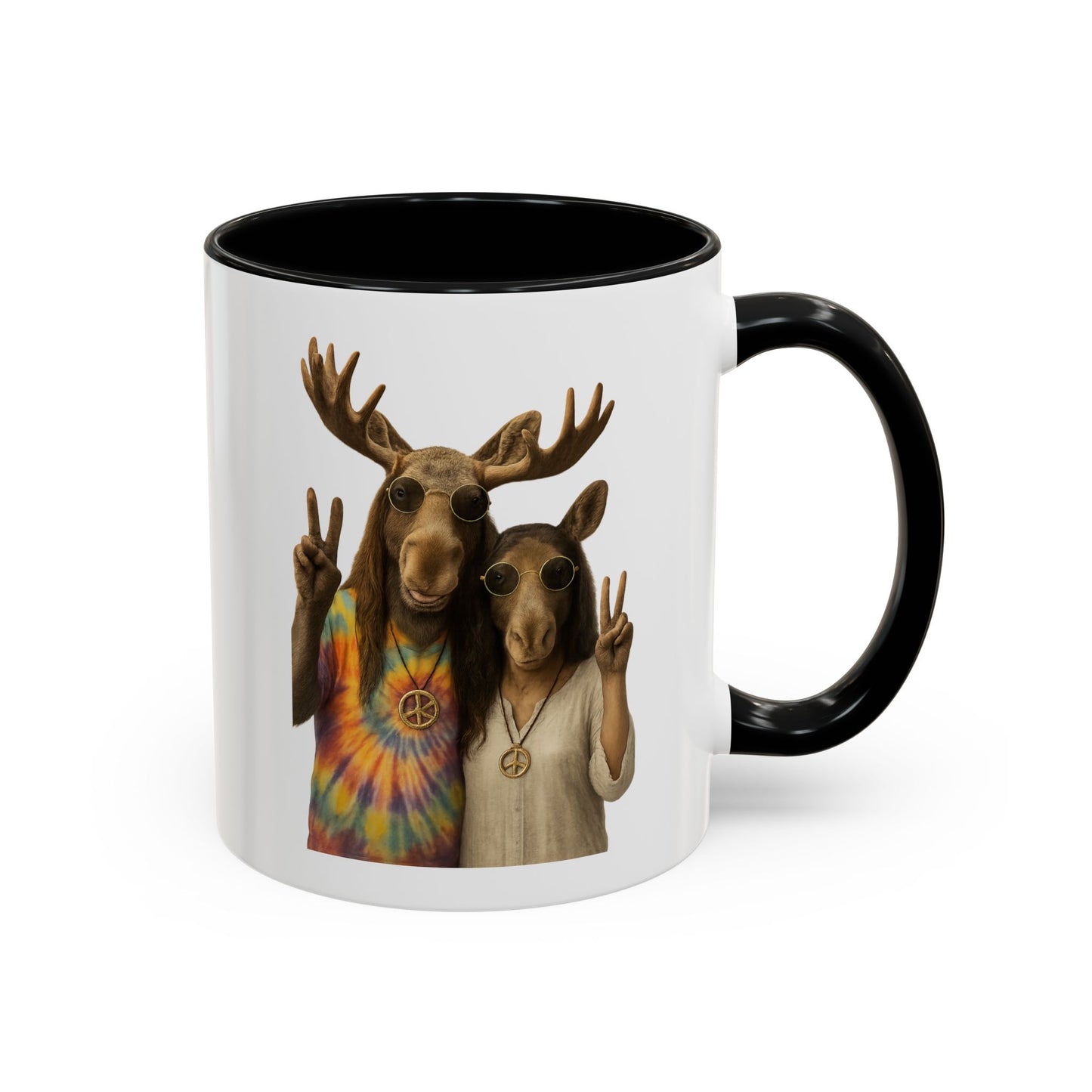 Peaceful Moose Couple Accent Coffee Mug — Hippie Tie-Dye Moose Peace Sign 11/15oz