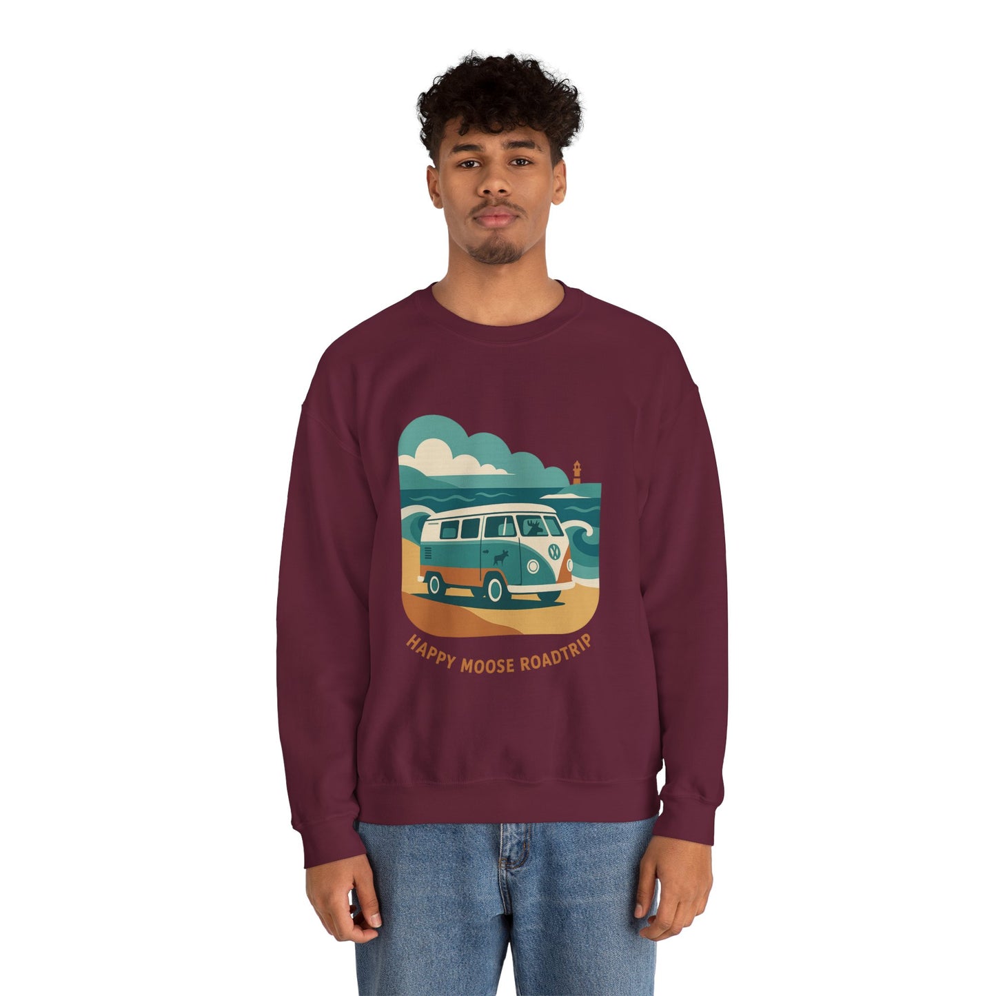 Road Trip Crewneck Sweatshirt — "Happy Moose Roadtrip" Vintage Van Graphic