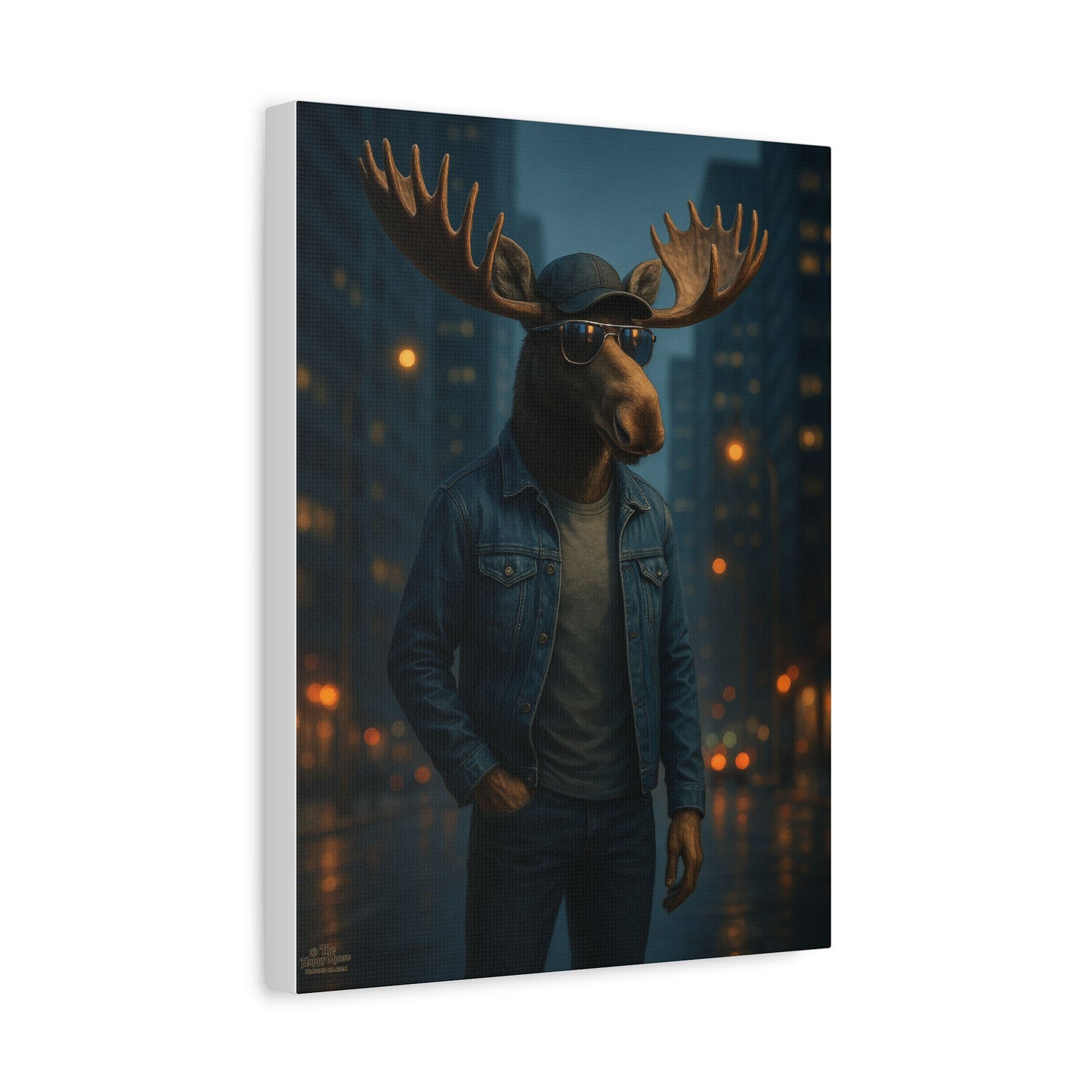 Urban Moose Canvas Print — Cool Moose in Denim Wall Art (Matte Stretched)