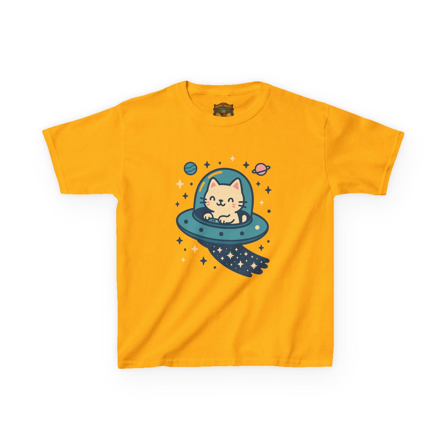 Kids Tee — Cute Cat in UFO Spacecraft Graphic