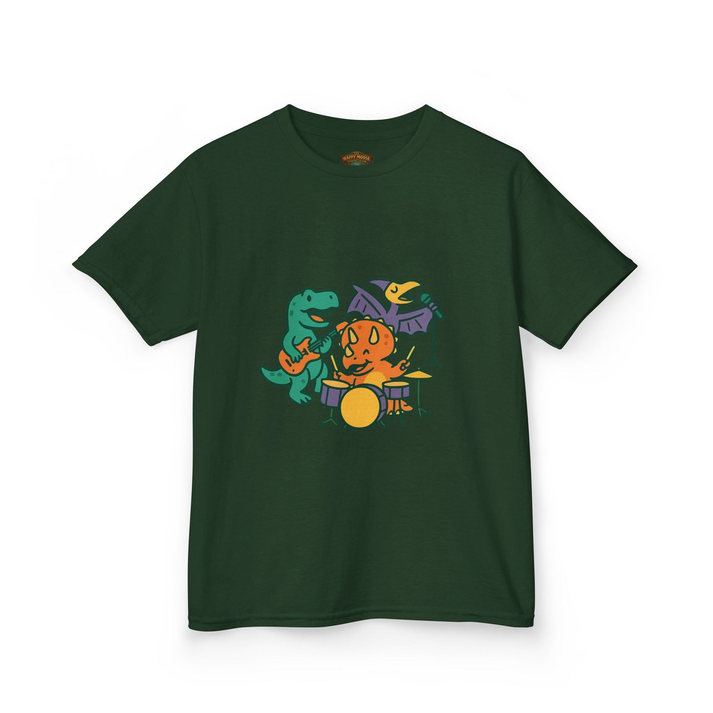 Kids Dino Band T‑Shirt — Cute Cartoon Dinosaur Drummer Tee for Boys & Girls