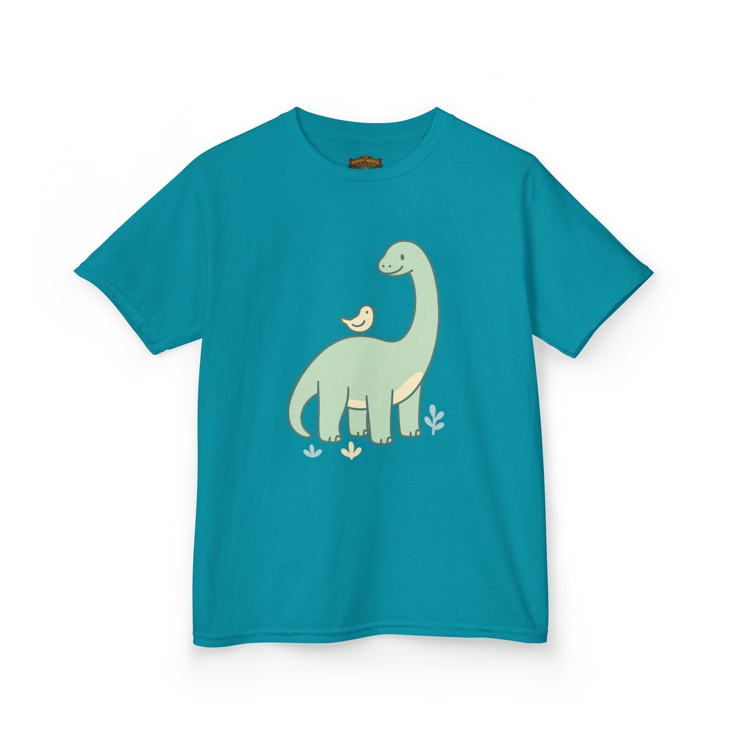 Kids Dino & Bird Tee — Cute Green Brontosaurus Graphic T‑Shirt