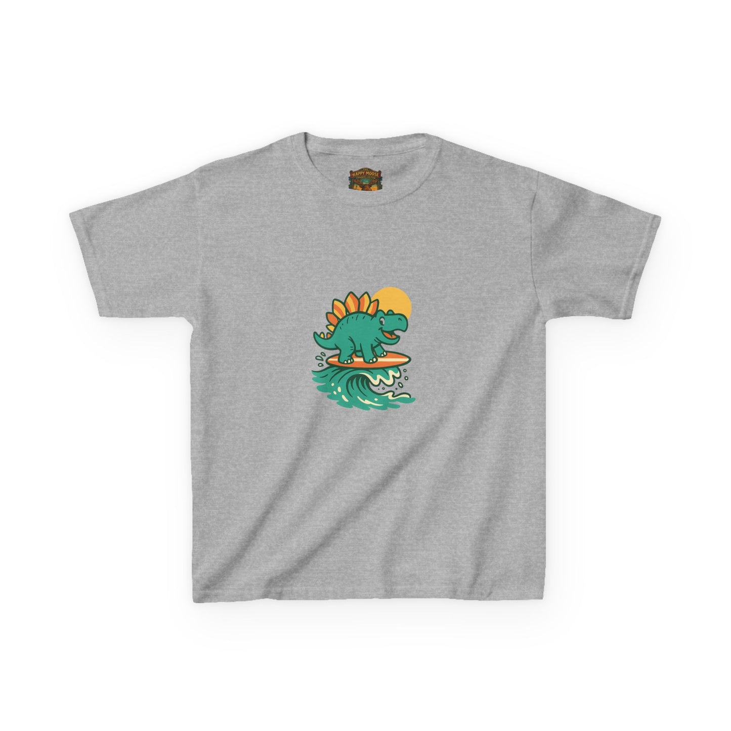 Kids Surfing Dinosaur T-Shirt — Cute Stegosaurus on Wave Graphic Tee