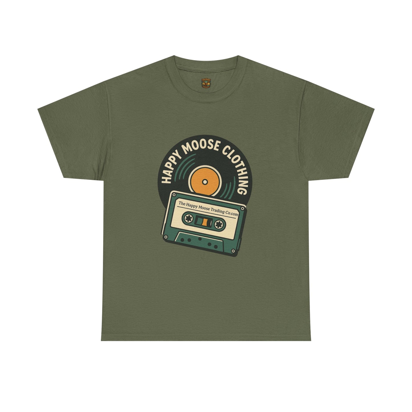 Cassette & Vinyl Retro Tee — “Happy Moose Clothing” Vintage Music Graphic T-Shirt