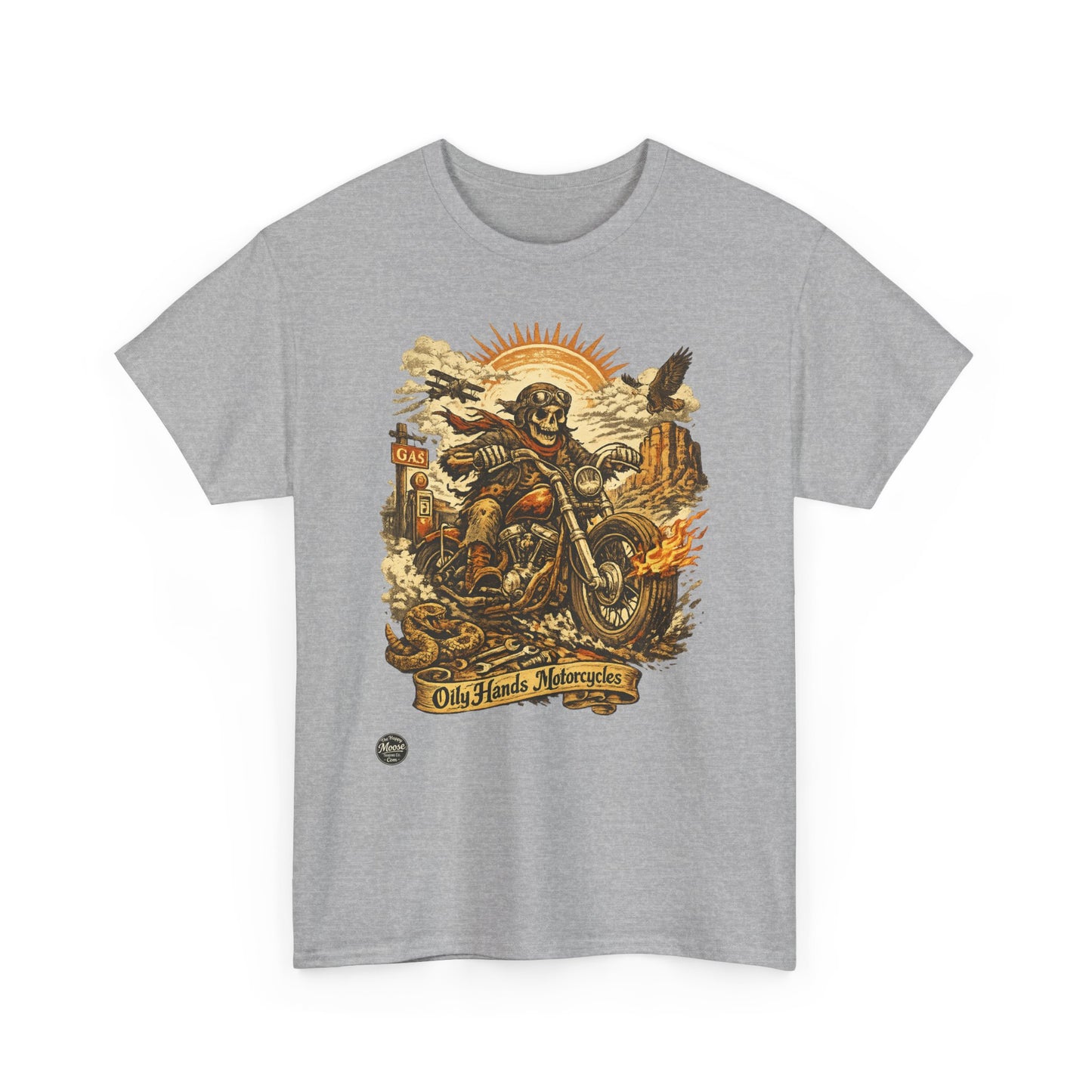 Oily Hands Motorcycle Skull Tee — Old Friends Vintage Biker T-Shirt #015 E