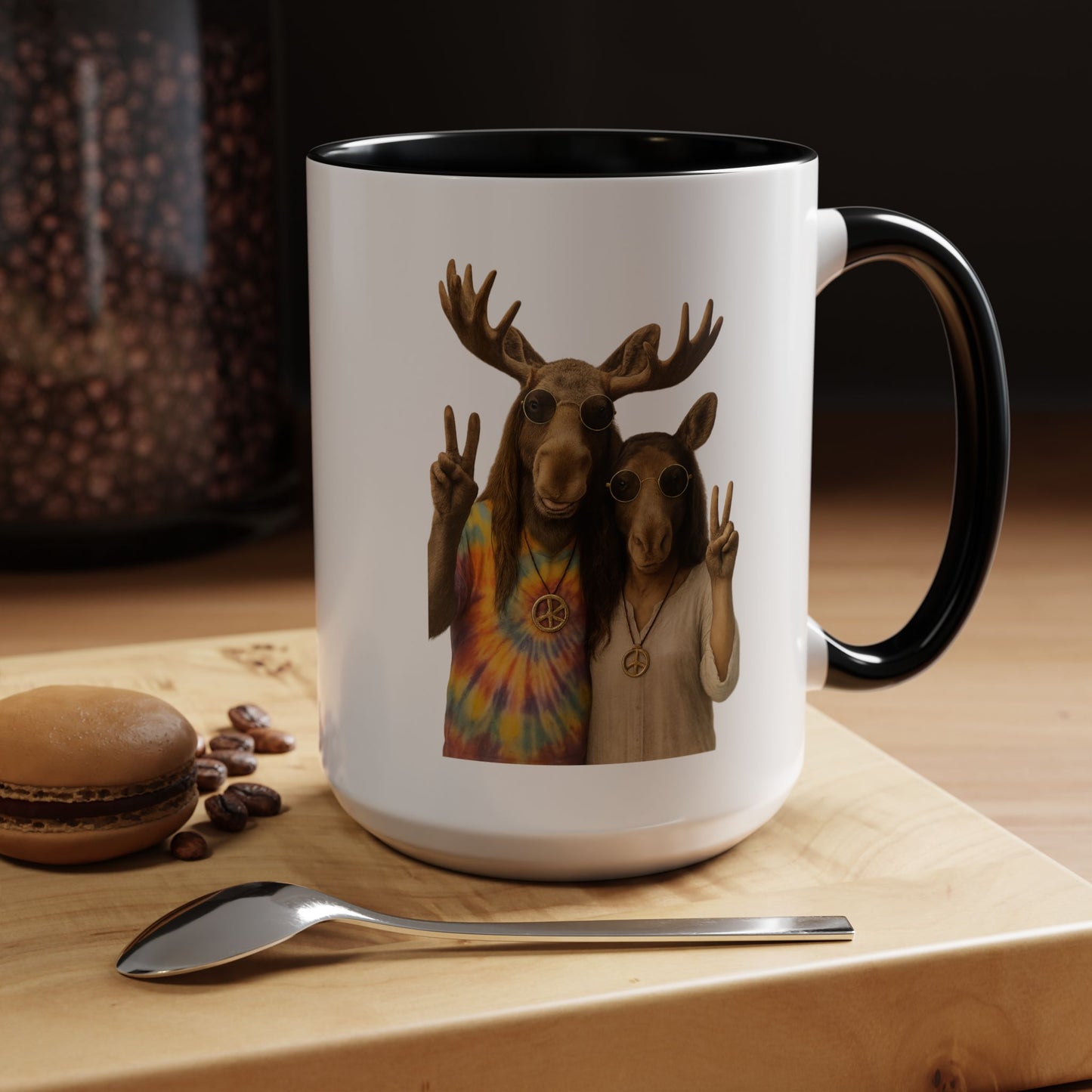 Peaceful Moose Couple Accent Coffee Mug — Hippie Tie-Dye Moose Peace Sign 11/15oz