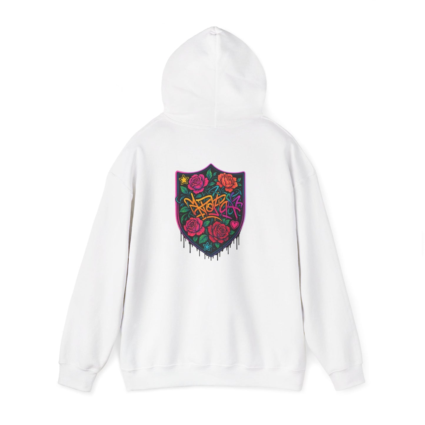 Graffiti Rose Shield Hoodie – Urban Floral Streetwear Sweatshirt