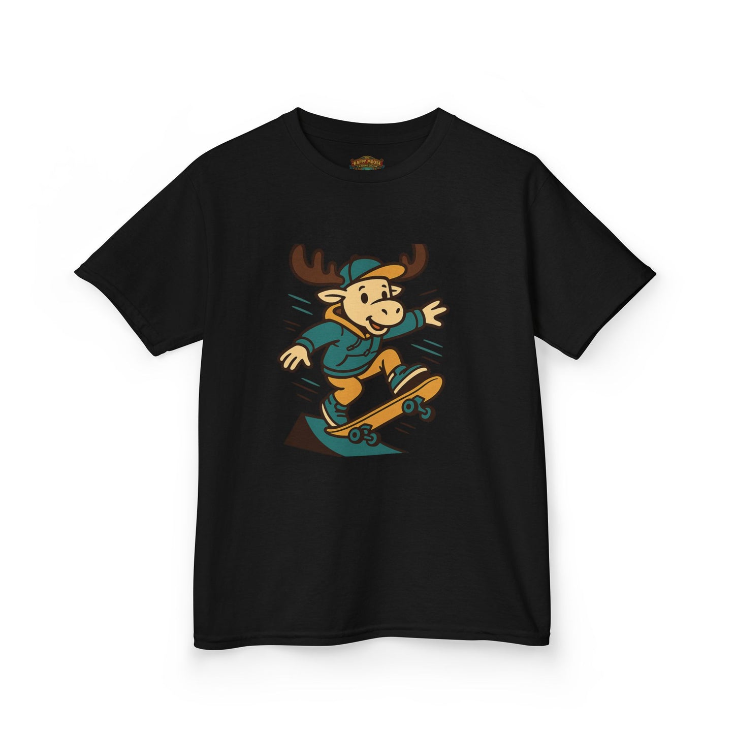 Kids Skateboarding Moose T‑Shirt — Cute Cartoon Skateboard Tee for Boys & Girls