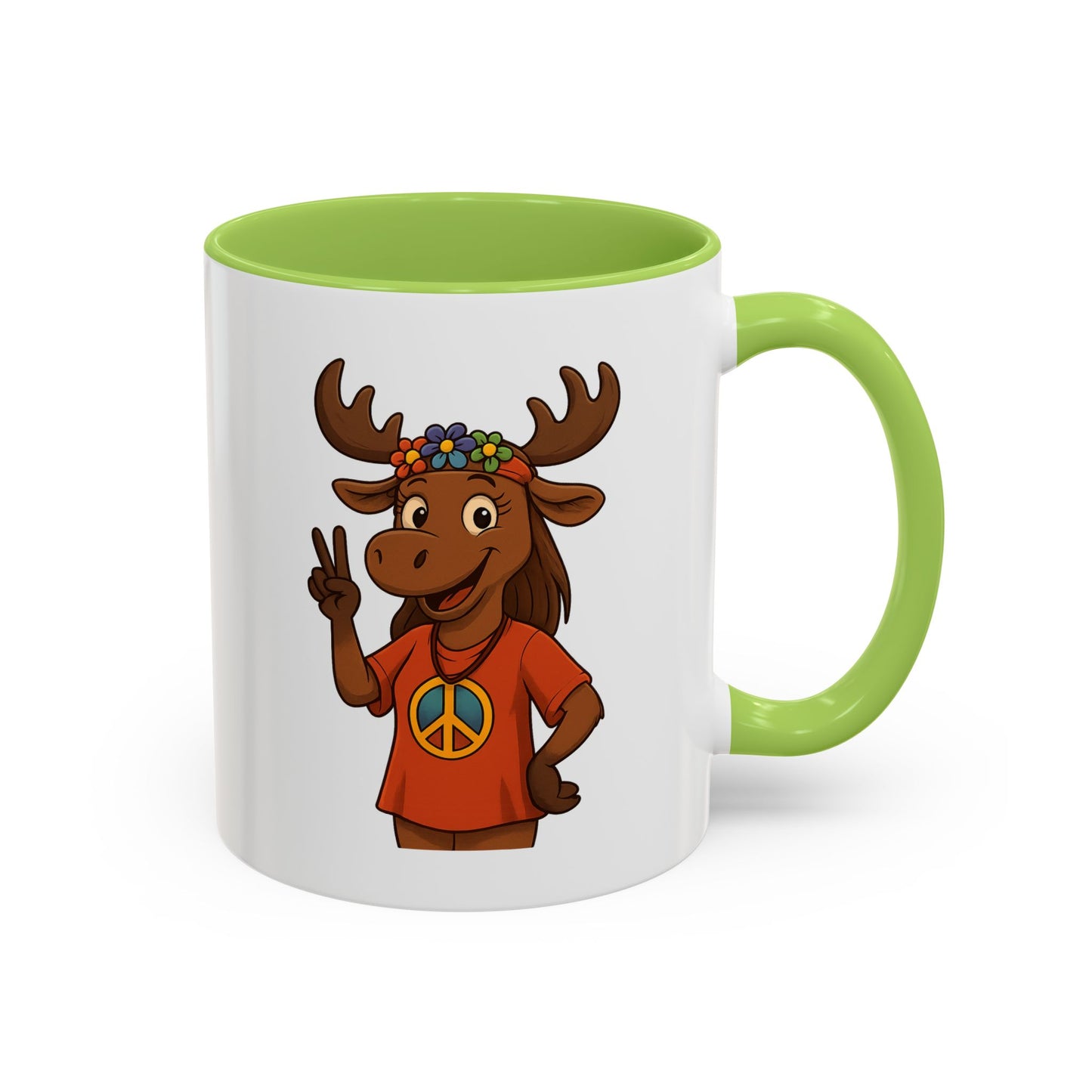 Peace Sign Moose Accent Coffee Mug — Hippie Moose with Flower Crown (11/15oz)