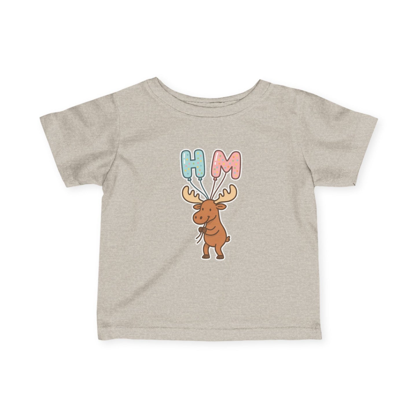 Baby Tee — Cute Moose Holding 'HM' Heart Balloons | Infant Graphic Shirt