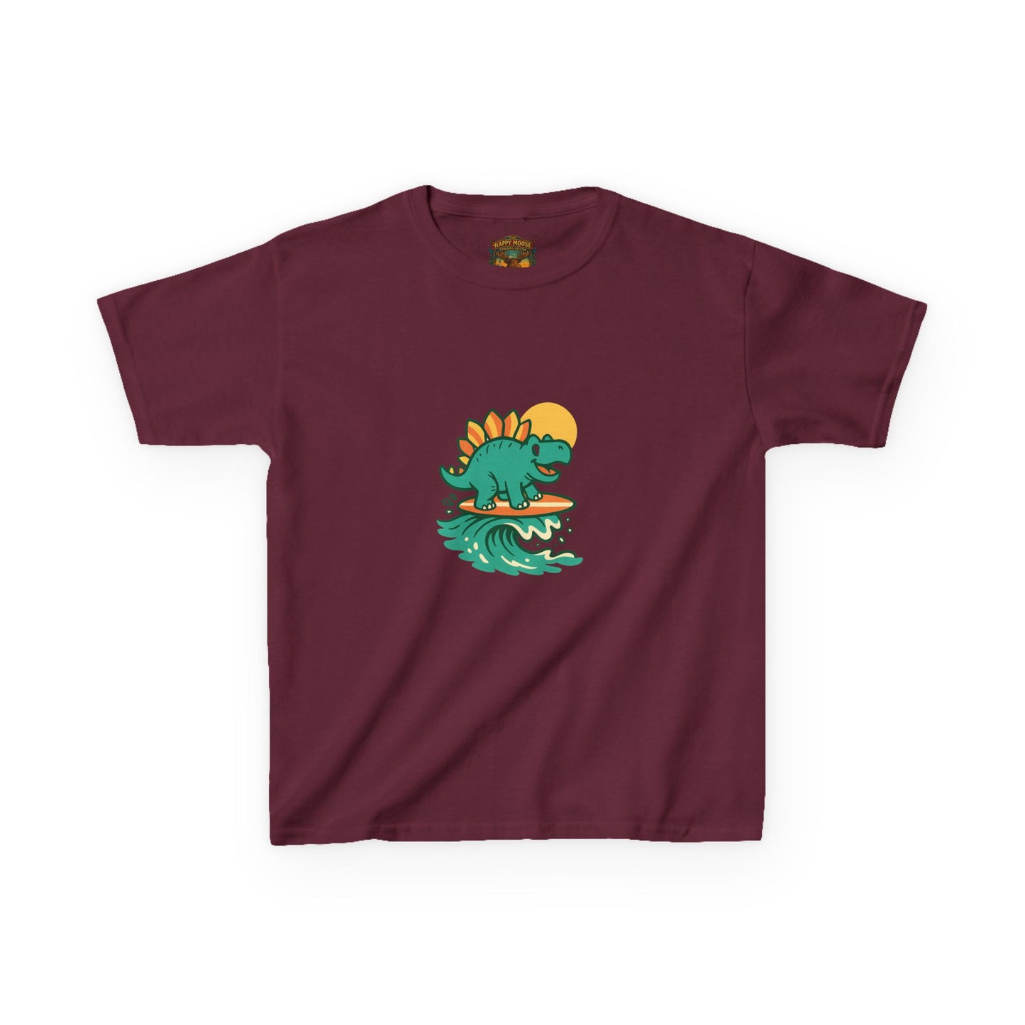 Kids Surfing Dinosaur T-Shirt — Cute Stegosaurus on Wave Graphic Tee