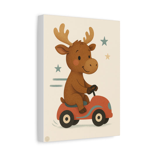 Cute Moose on Red Car Canvas Wall Art – Nursery Kids Decor
