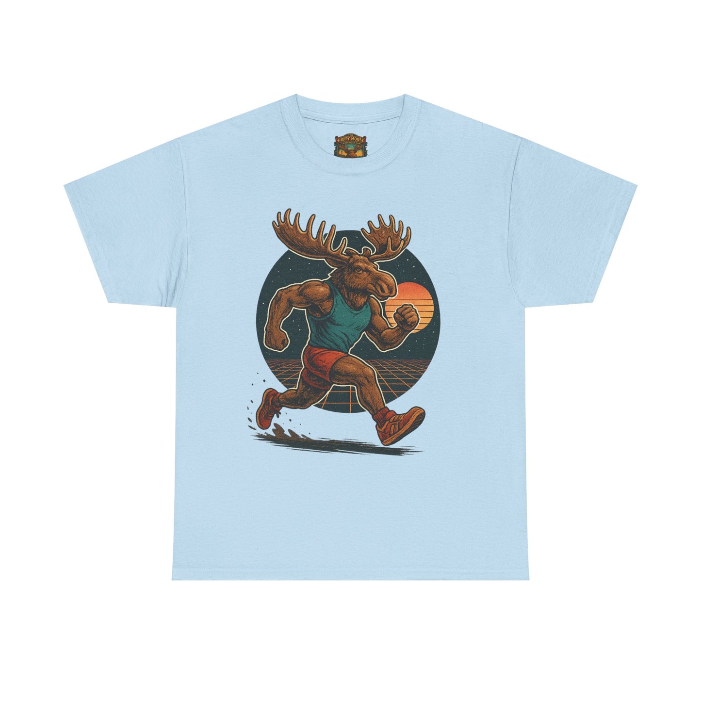 Running Moose Graphic Tee - Retro Sunset Jogging Animal Fitness Shirt