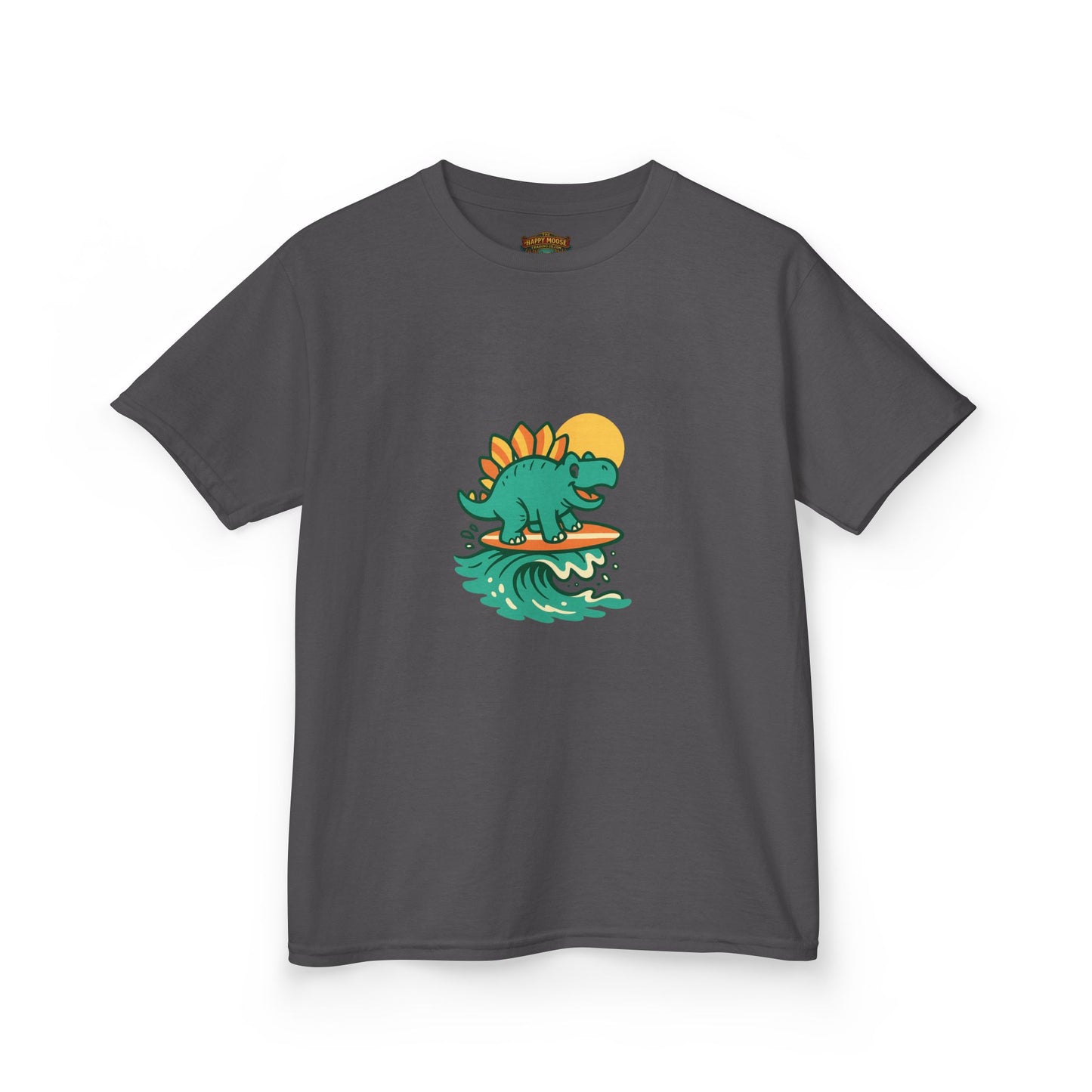 Kids Surfing Dinosaur T-Shirt — Cute Stegosaurus on Wave Graphic Tee