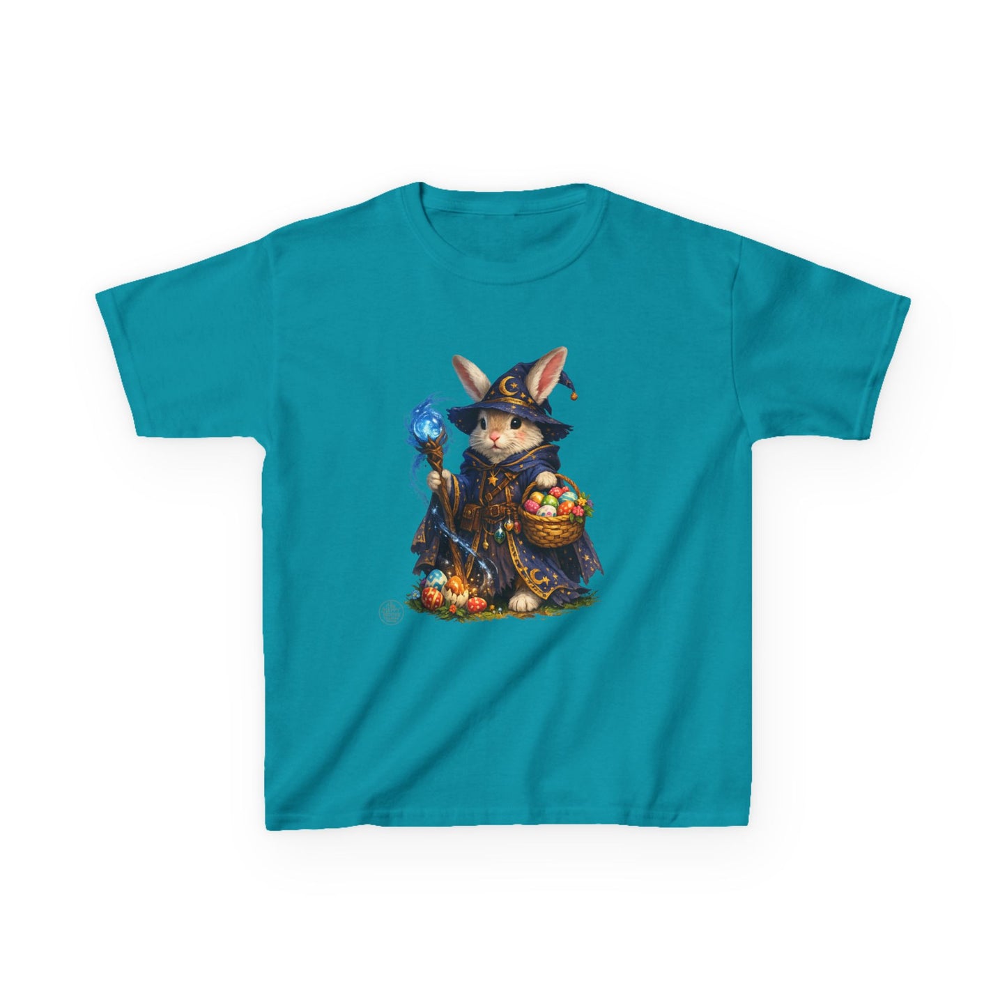 Kids Wizard Bunny T-Shirt — Cute Magic Rabbit with Staff & Basket of Treats