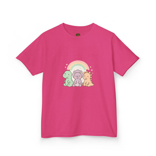 Kids T-Shirt — Cute Pastel Dino Trio with Rainbow