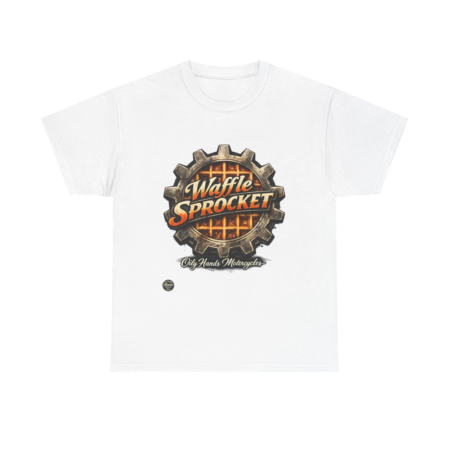Oily Hands Waffle Sprocket Vintage Logo T-Shirt — Retro Mechanical Breakfast Tee #004 E