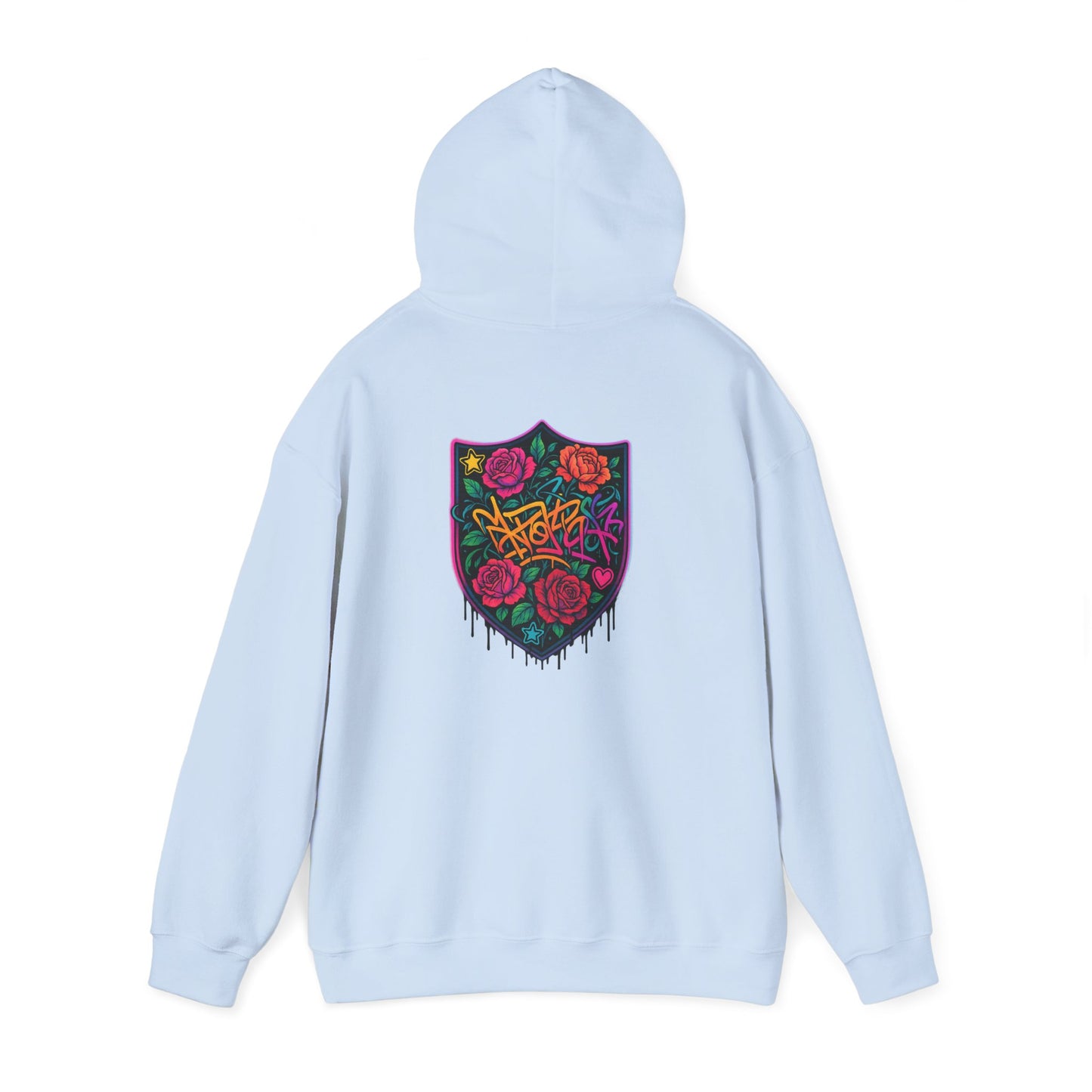 Graffiti Rose Shield Hoodie – Urban Floral Streetwear Sweatshirt