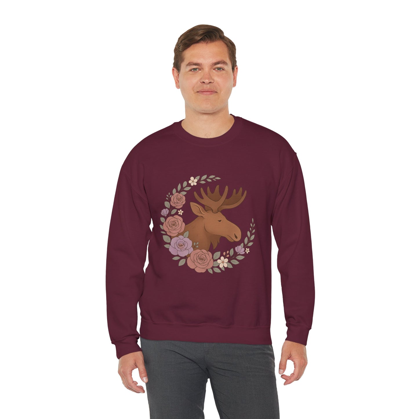 Moose Floral Crewneck Sweatshirt — Rustic Woodland Animal Sweatshirt