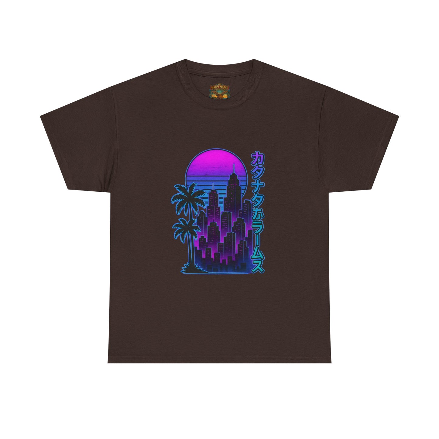 Retro Vaporwave Tee — Neon Sunset City with Palm Trees & Japanese Text