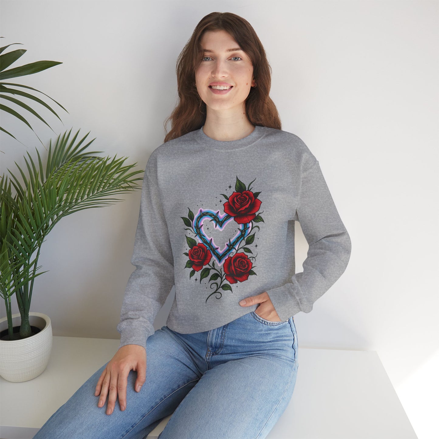 Heart & Roses Crewneck Sweatshirt — Gothic Floral Heart Design