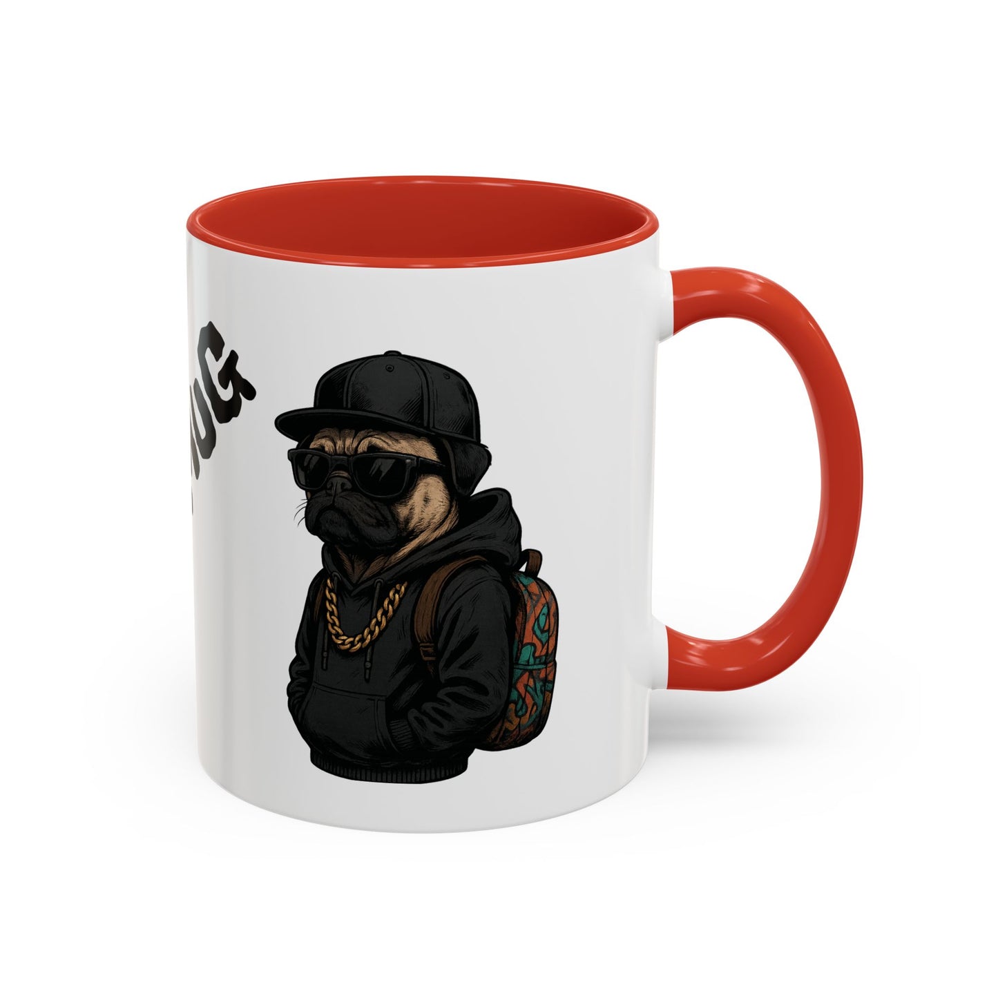 Pug Mug — Red Accent Coffee Mug with Hipster Pug Illustration (11/15oz)