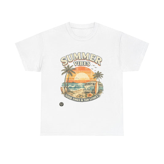 Summer Vibes T-Shirt — Retro Beach Sunset Van Tee ("Good Times & Tan Lines")