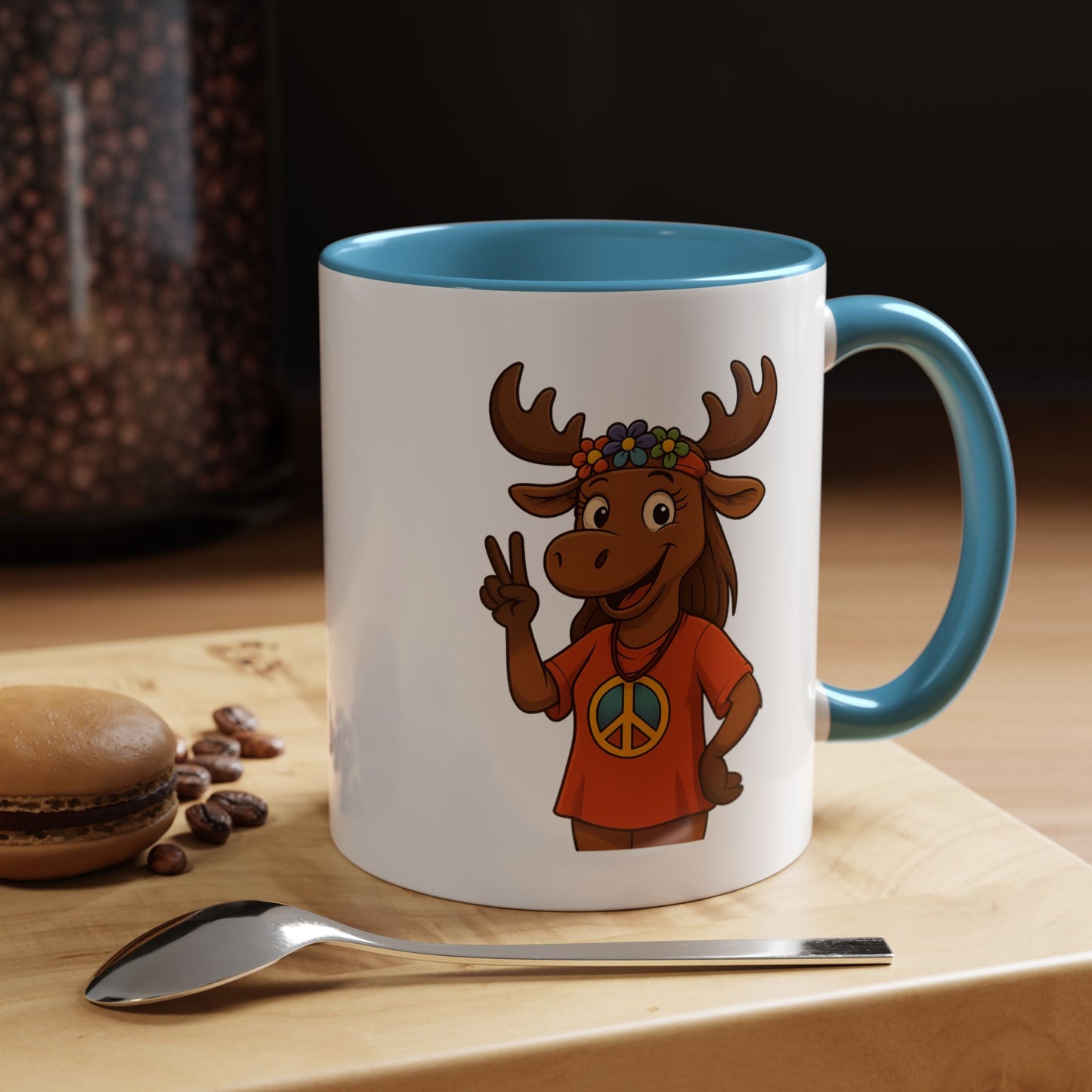 Peace Sign Moose Accent Coffee Mug — Hippie Moose with Flower Crown (11/15oz)