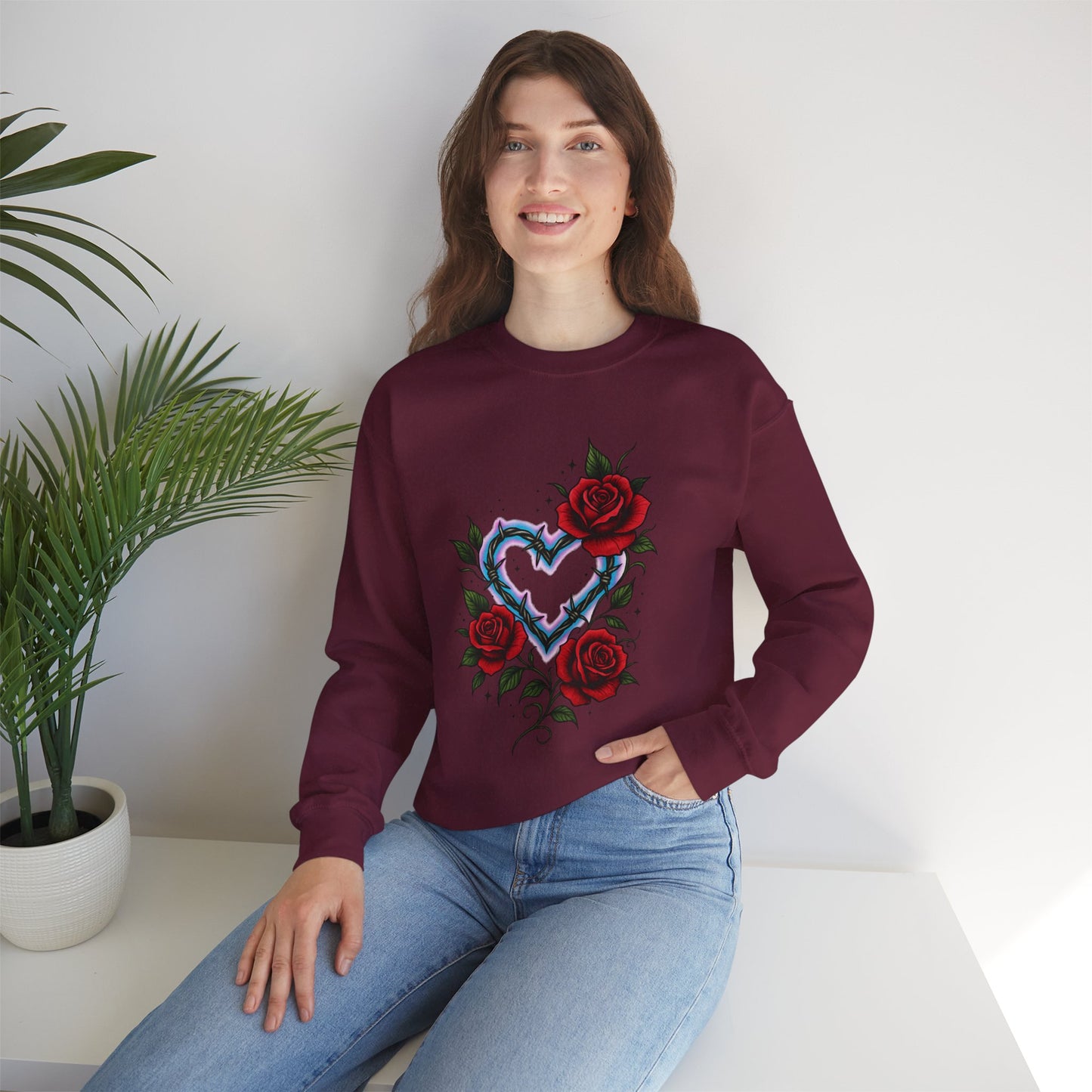 Heart & Roses Crewneck Sweatshirt — Gothic Floral Heart Design