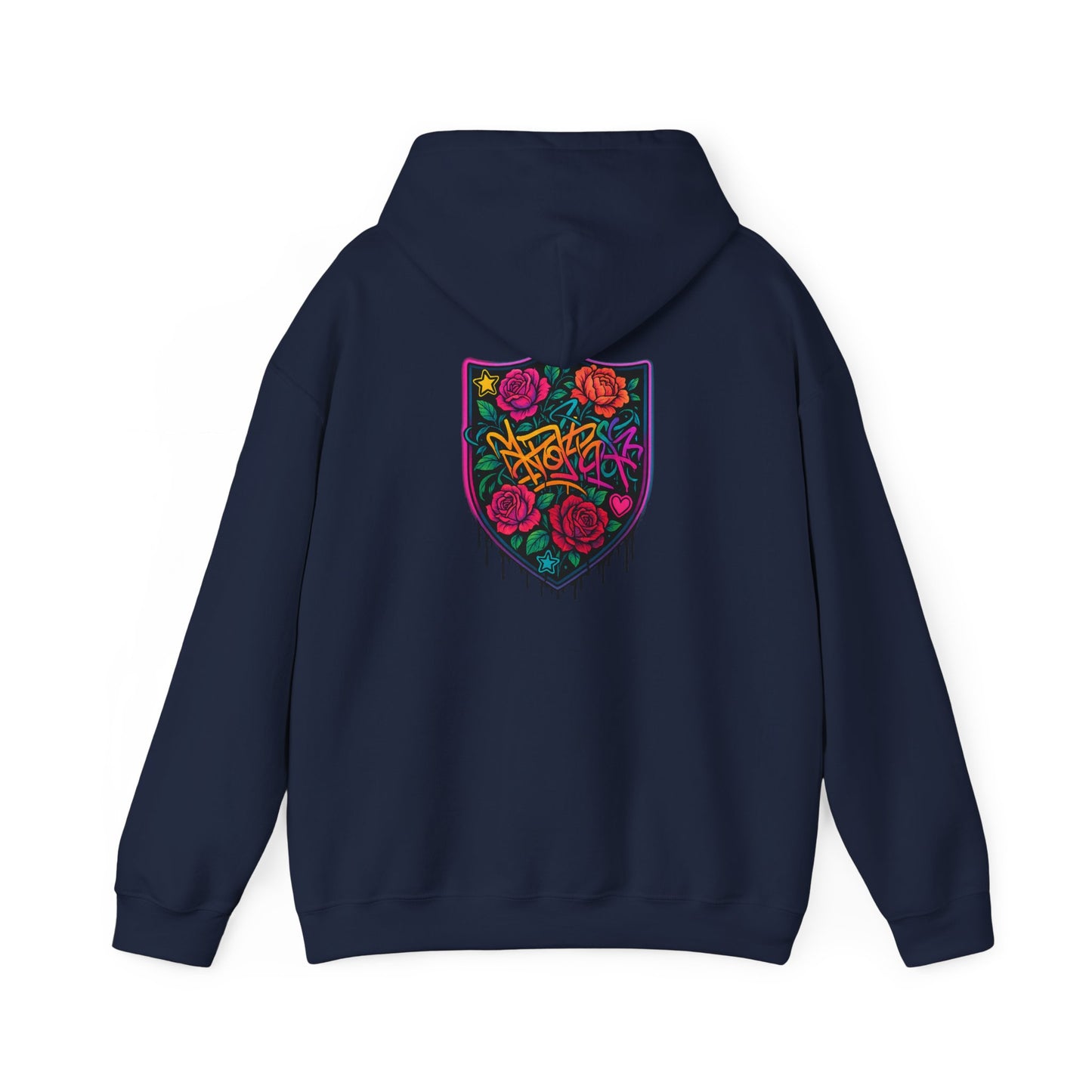 Graffiti Rose Shield Hoodie – Urban Floral Streetwear Sweatshirt