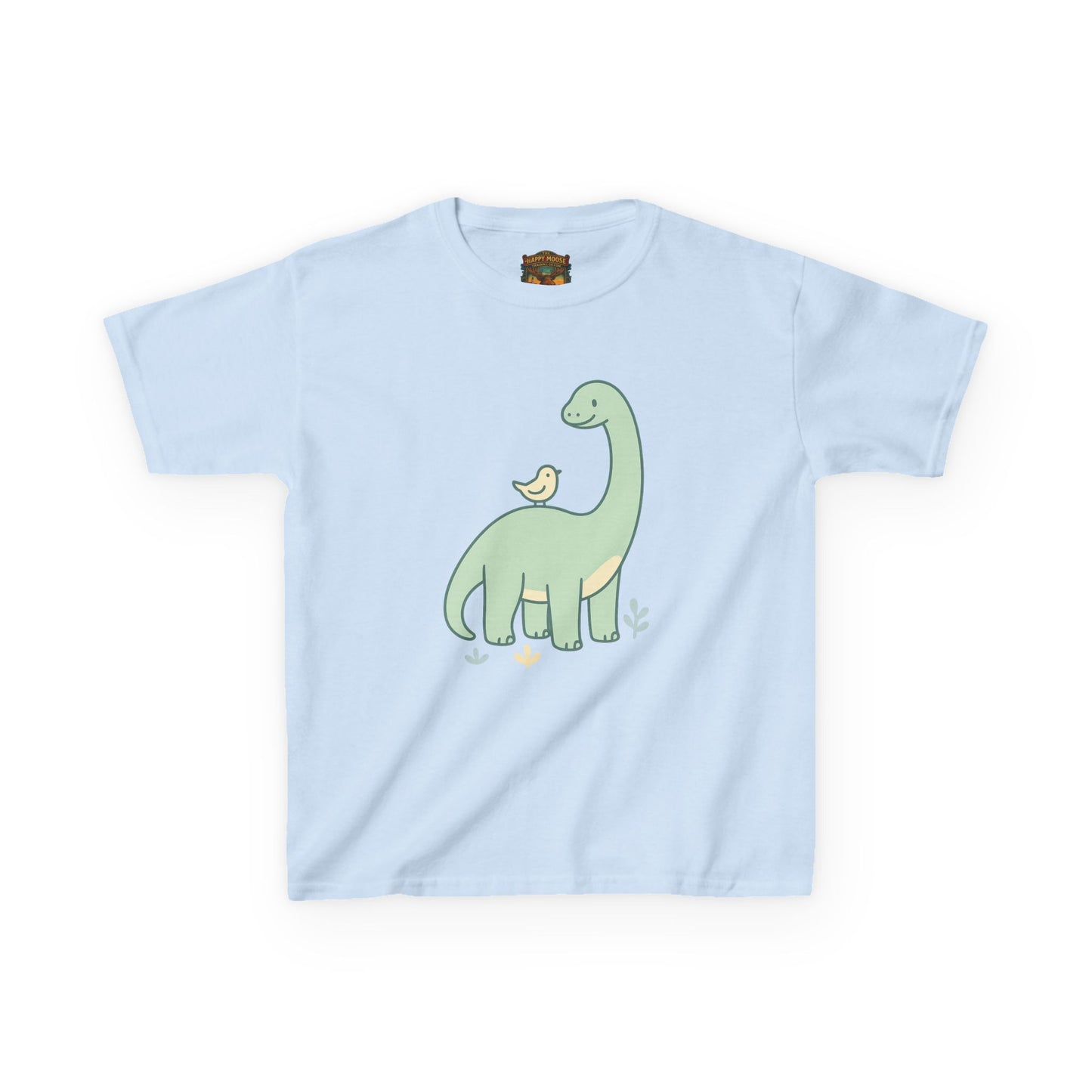 Kids Dino & Bird Tee — Cute Green Brontosaurus Graphic T‑Shirt