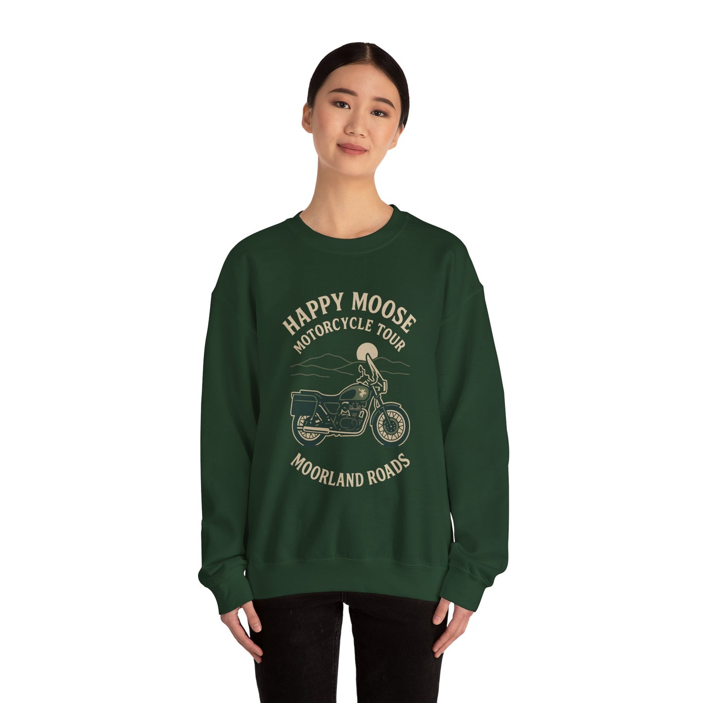 Motorcycle Crewneck Sweatshirt — "Happy Moose Motorcycle Tour" Vintage Bike Graphic
