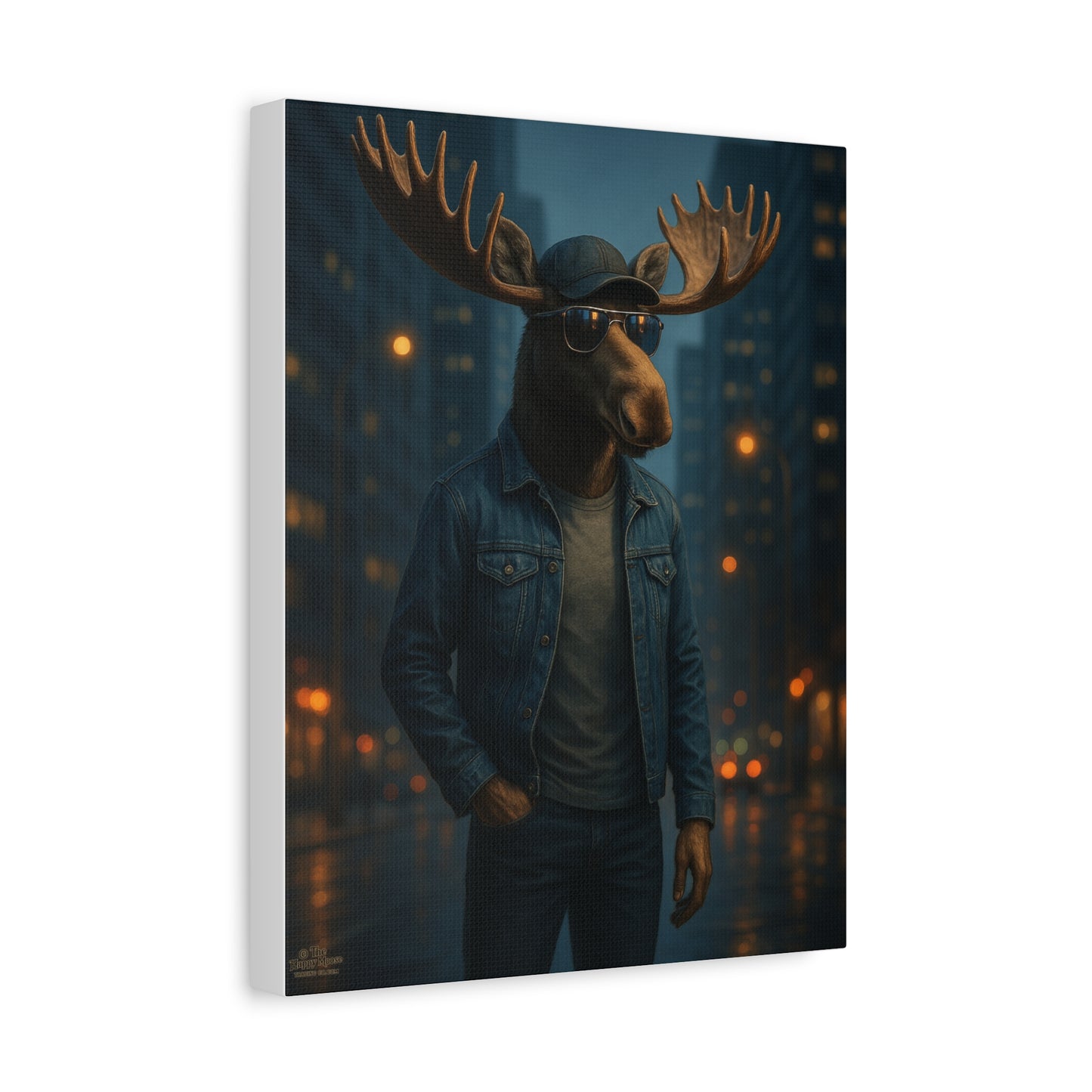 Urban Moose Canvas Print — Cool Moose in Denim Wall Art (Matte Stretched)