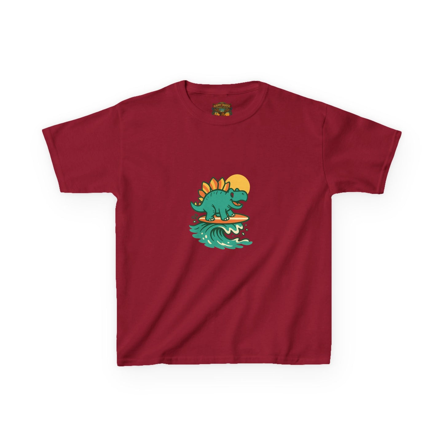 Kids Surfing Dinosaur T-Shirt — Cute Stegosaurus on Wave Graphic Tee