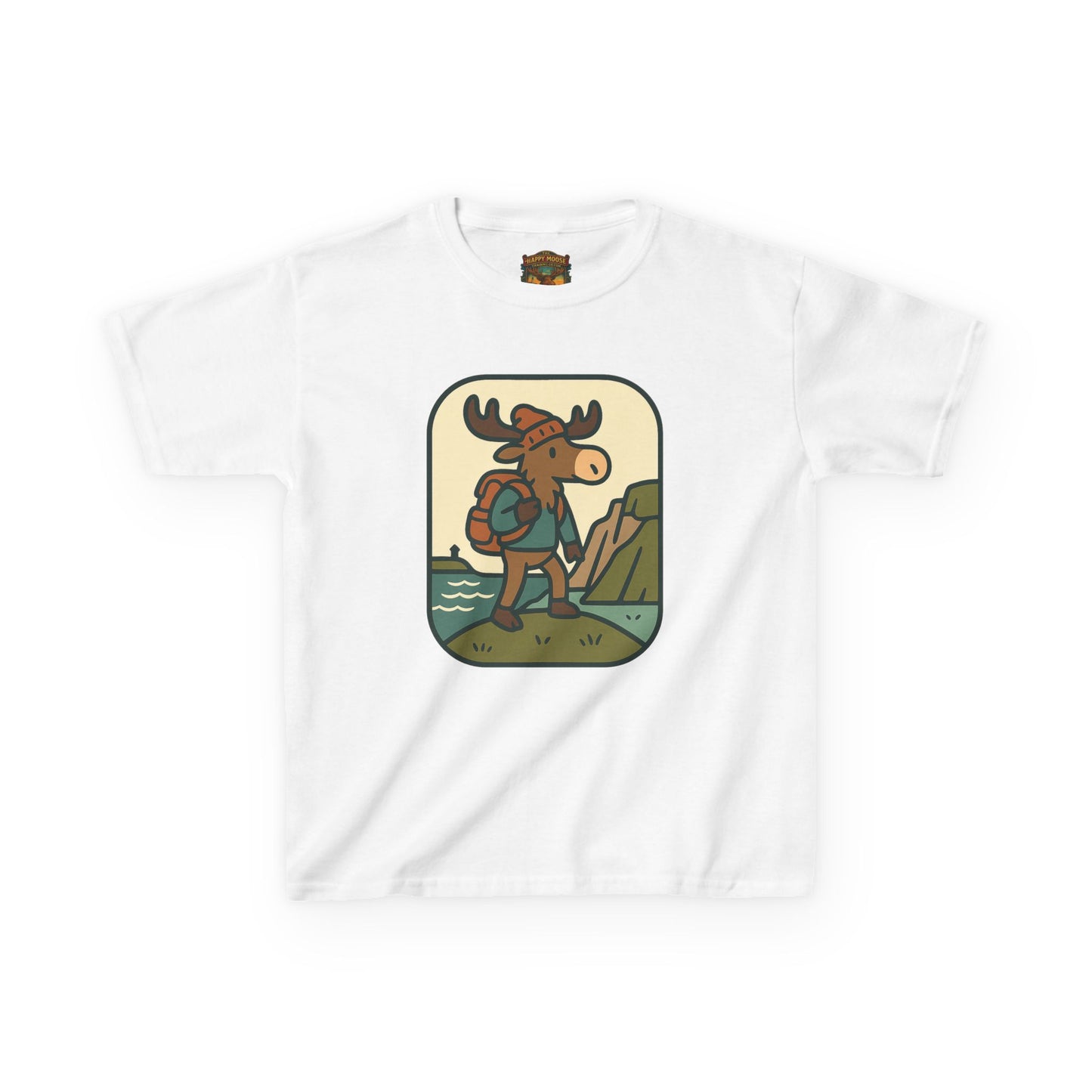 Kids Hiking Moose T‑Shirt — Cute Adventure Backpacker Tee for Boys & Girls