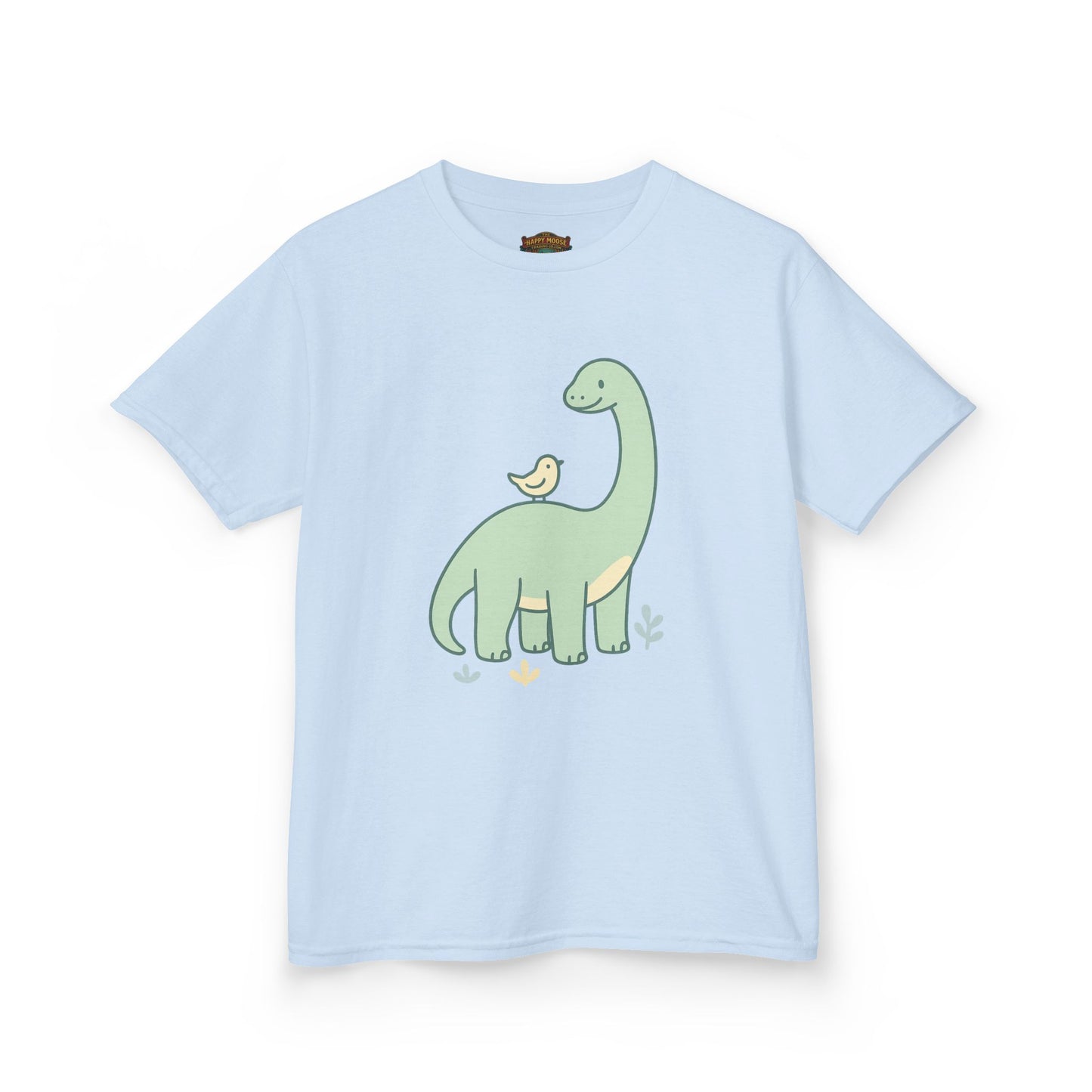 Kids Dino & Bird Tee — Cute Green Brontosaurus Graphic T‑Shirt