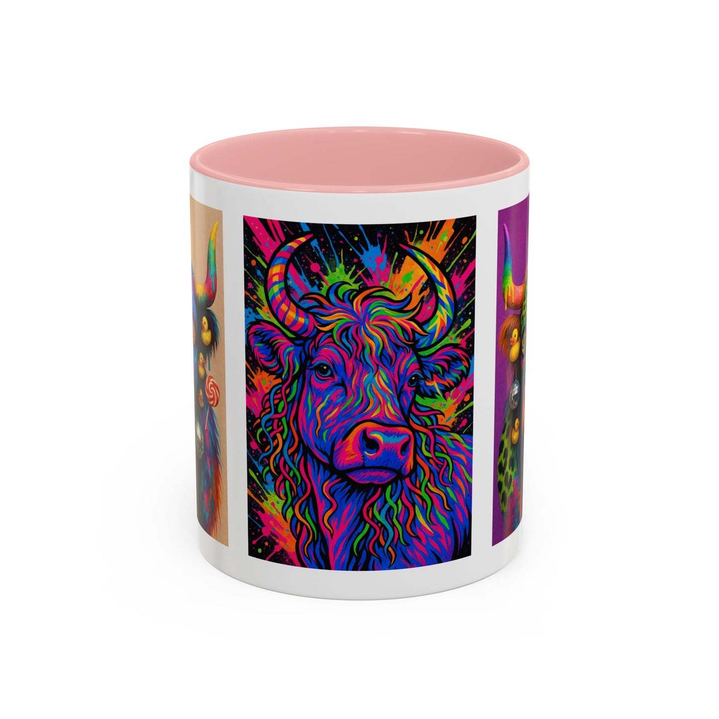 Psychedelic Highland Cow Accent Coffee Mug — Colorful Neon Farm Animal Art (11/15 oz)