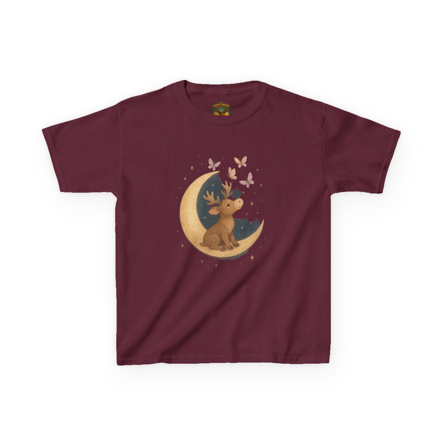Kids Tee — Cute Puppy on Moon with Butterflies Graphic