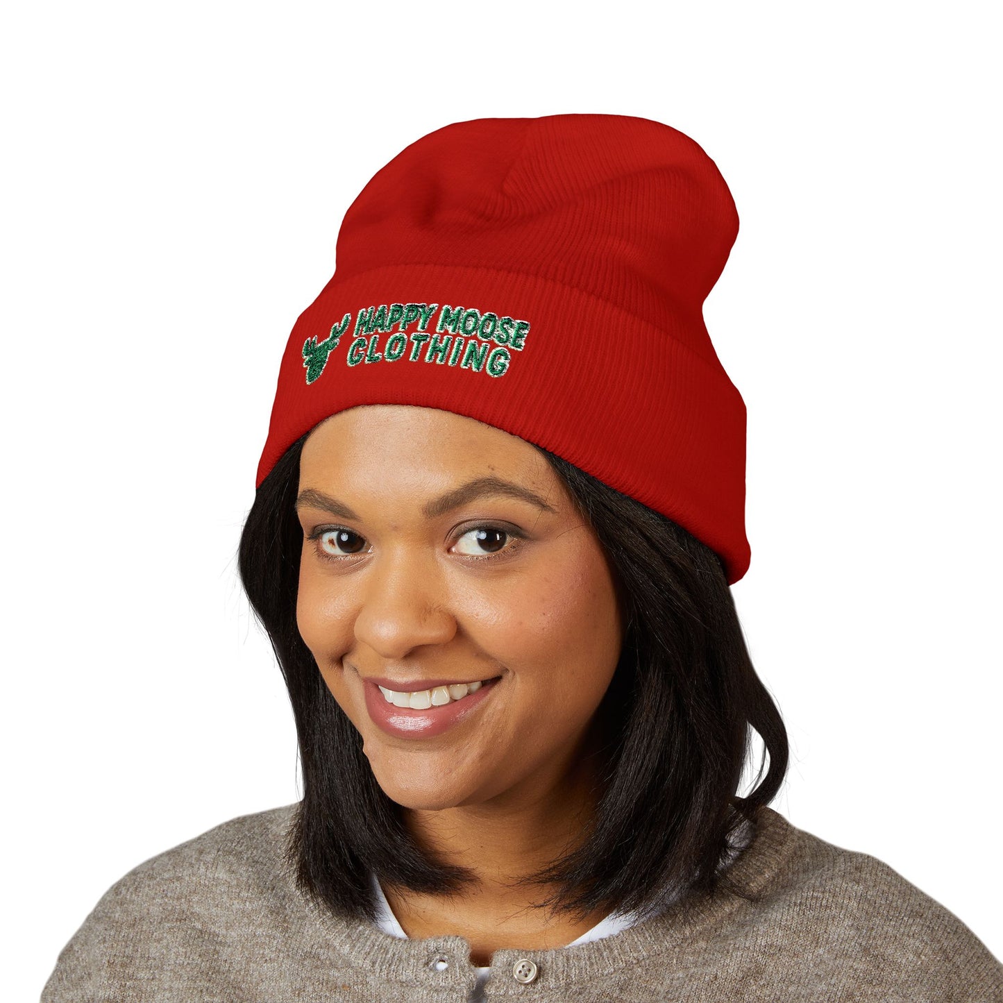Happy Moose Embroidered Cuffed Beanie