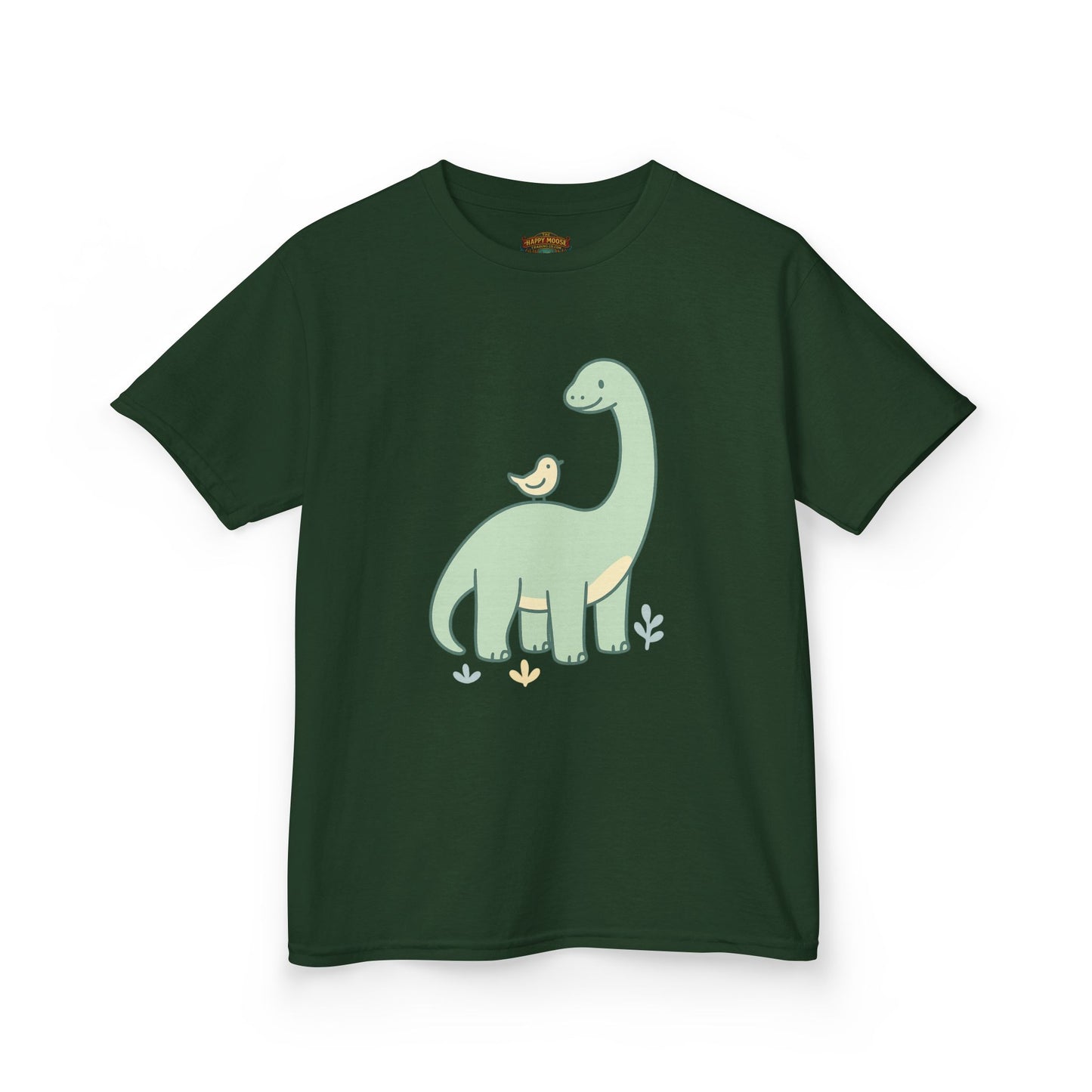 Kids Dino & Bird Tee — Cute Green Brontosaurus Graphic T‑Shirt