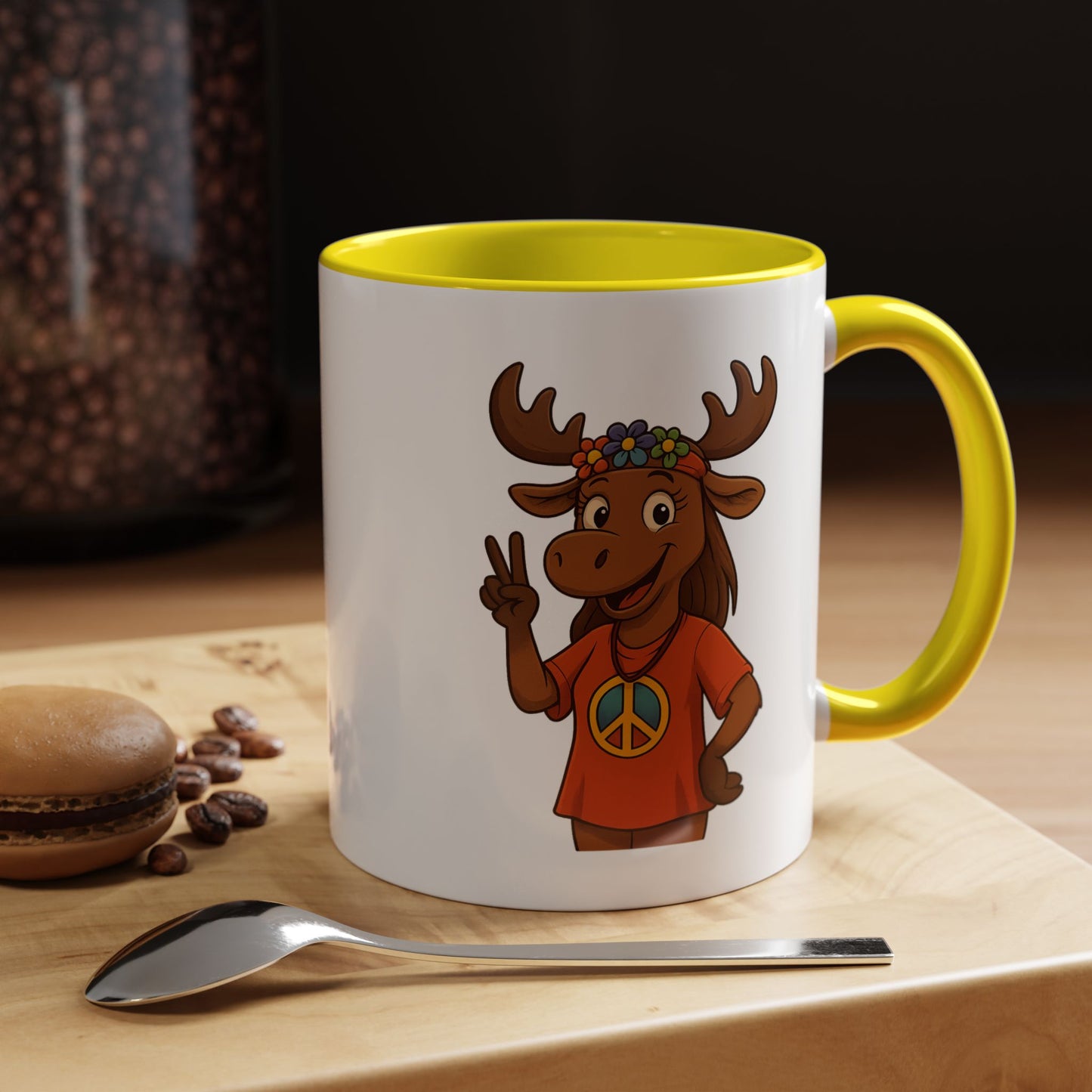 Peace Sign Moose Accent Coffee Mug — Hippie Moose with Flower Crown (11/15oz)