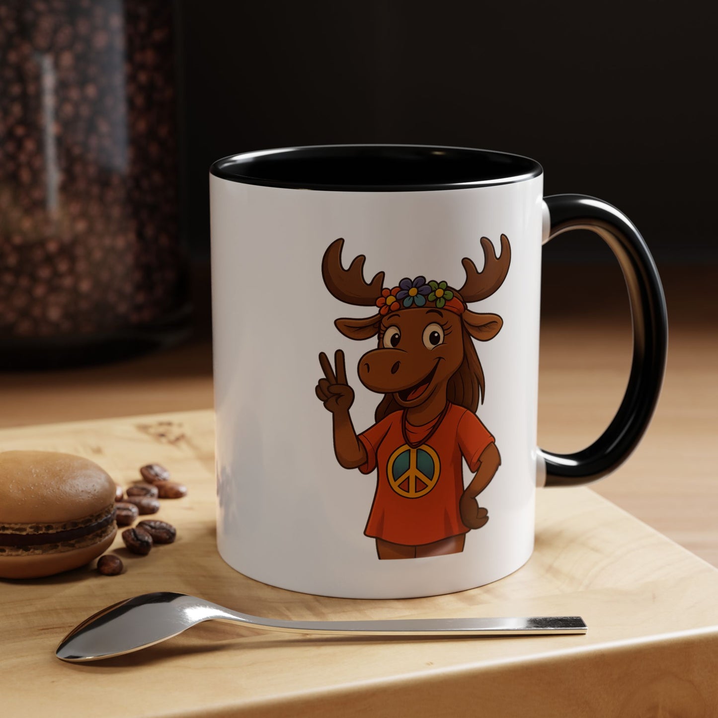 Peace Sign Moose Accent Coffee Mug — Hippie Moose with Flower Crown (11/15oz)