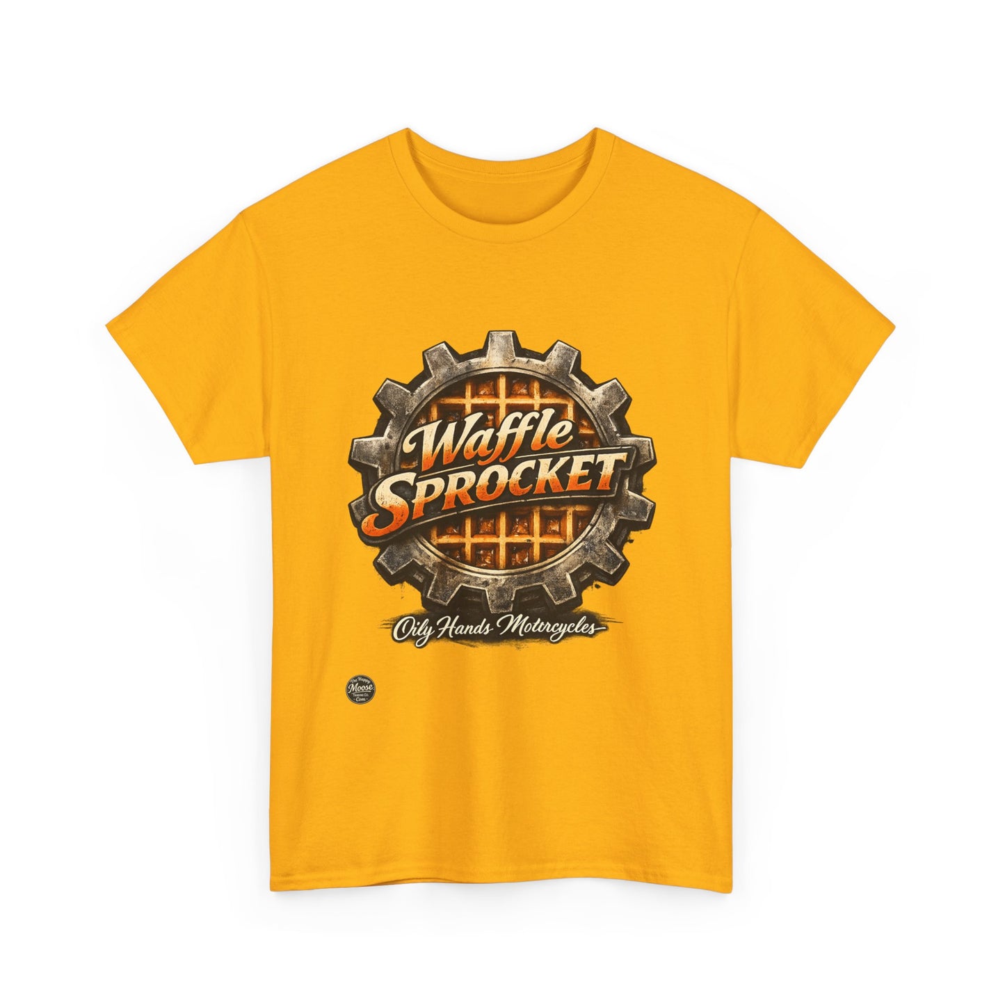 Oily Hands Waffle Sprocket Vintage Logo T-Shirt — Retro Mechanical Breakfast Tee #004 E