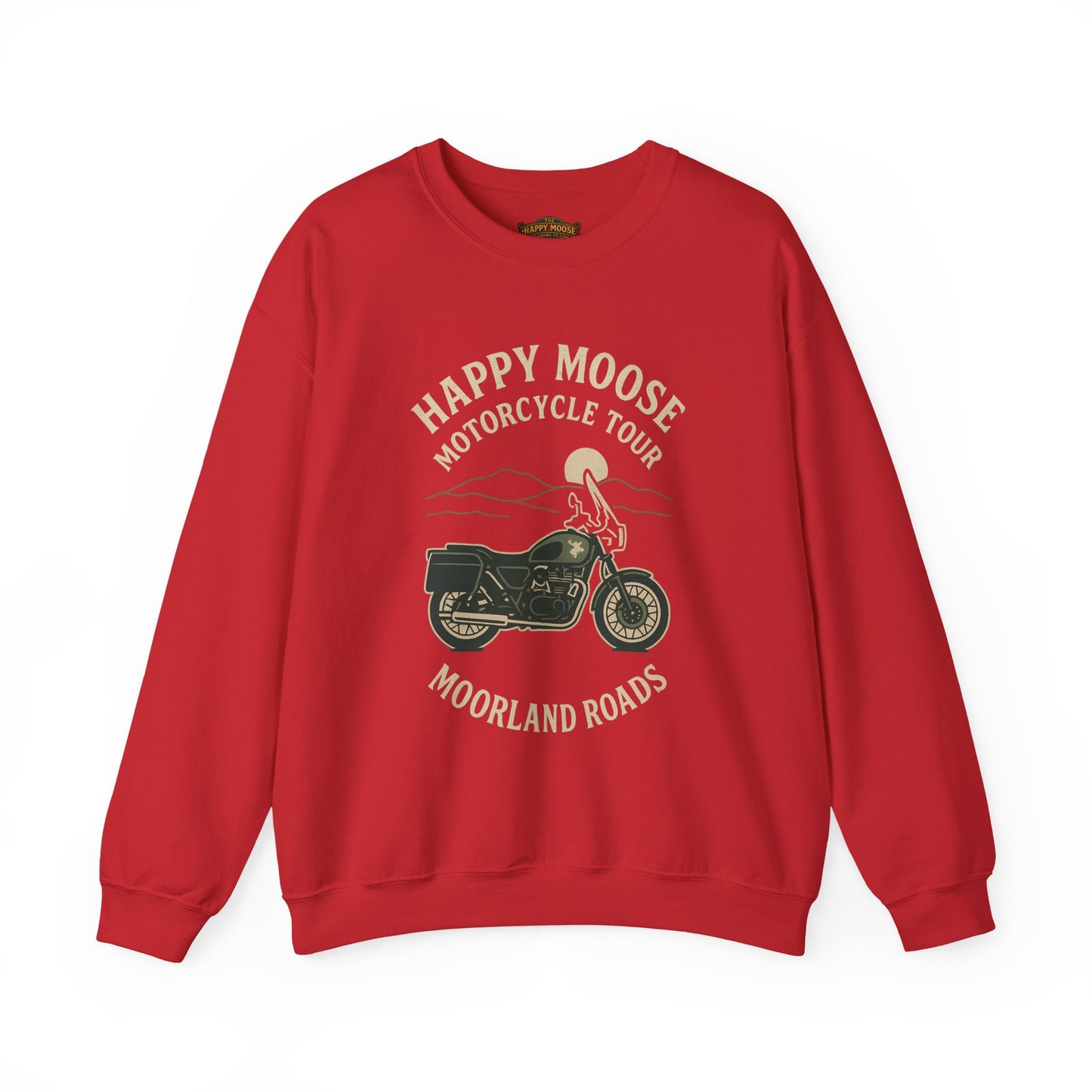 Motorcycle Crewneck Sweatshirt — "Happy Moose Motorcycle Tour" Vintage Bike Graphic