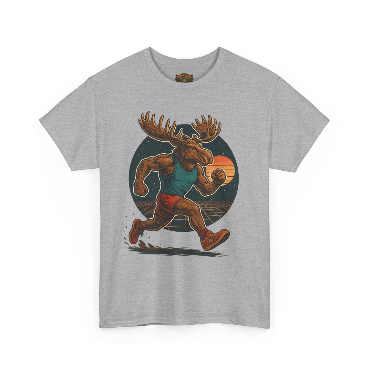 Running Moose Graphic Tee - Retro Sunset Jogging Animal Fitness Shirt