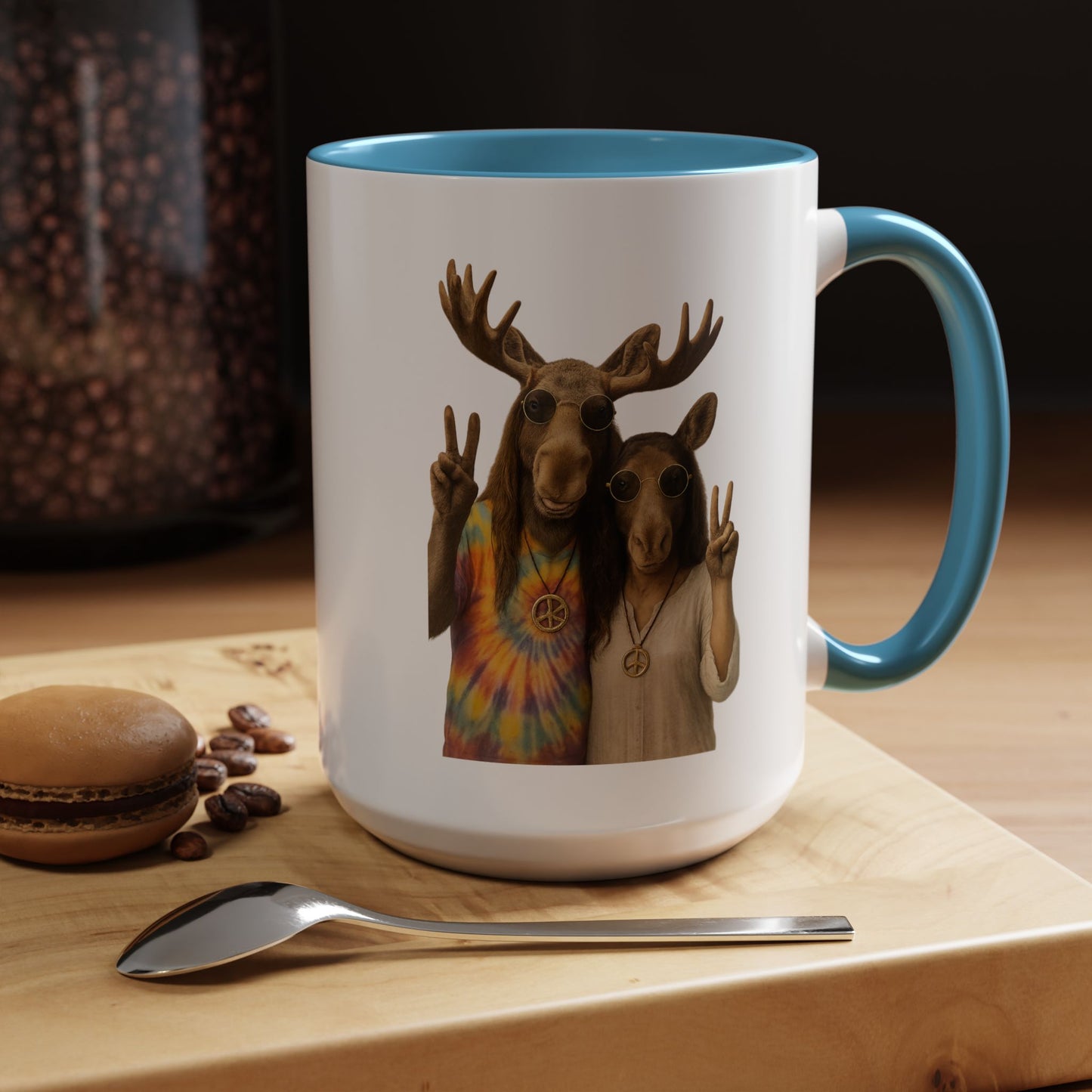 Peaceful Moose Couple Accent Coffee Mug — Hippie Tie-Dye Moose Peace Sign 11/15oz