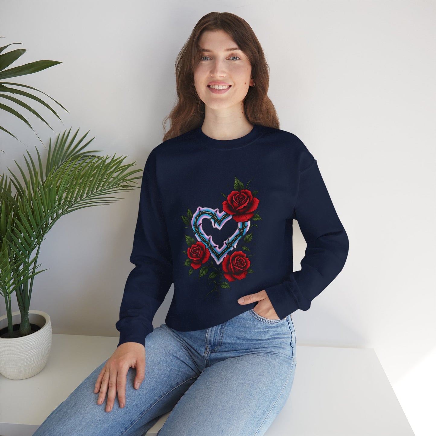 Heart & Roses Crewneck Sweatshirt — Gothic Floral Heart Design