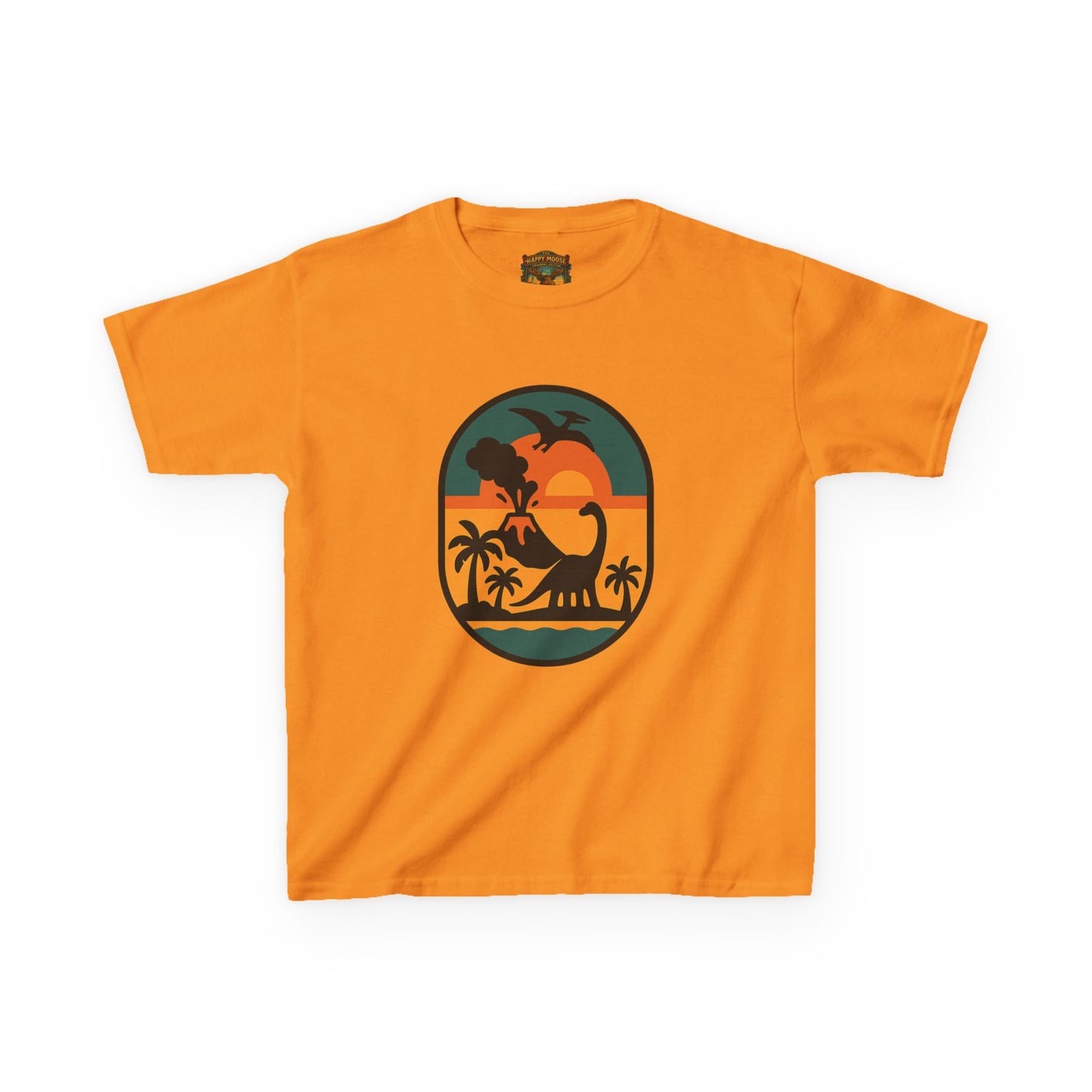 Kids T‑Shirt — Retro Tropical Dinosaur Sunset
