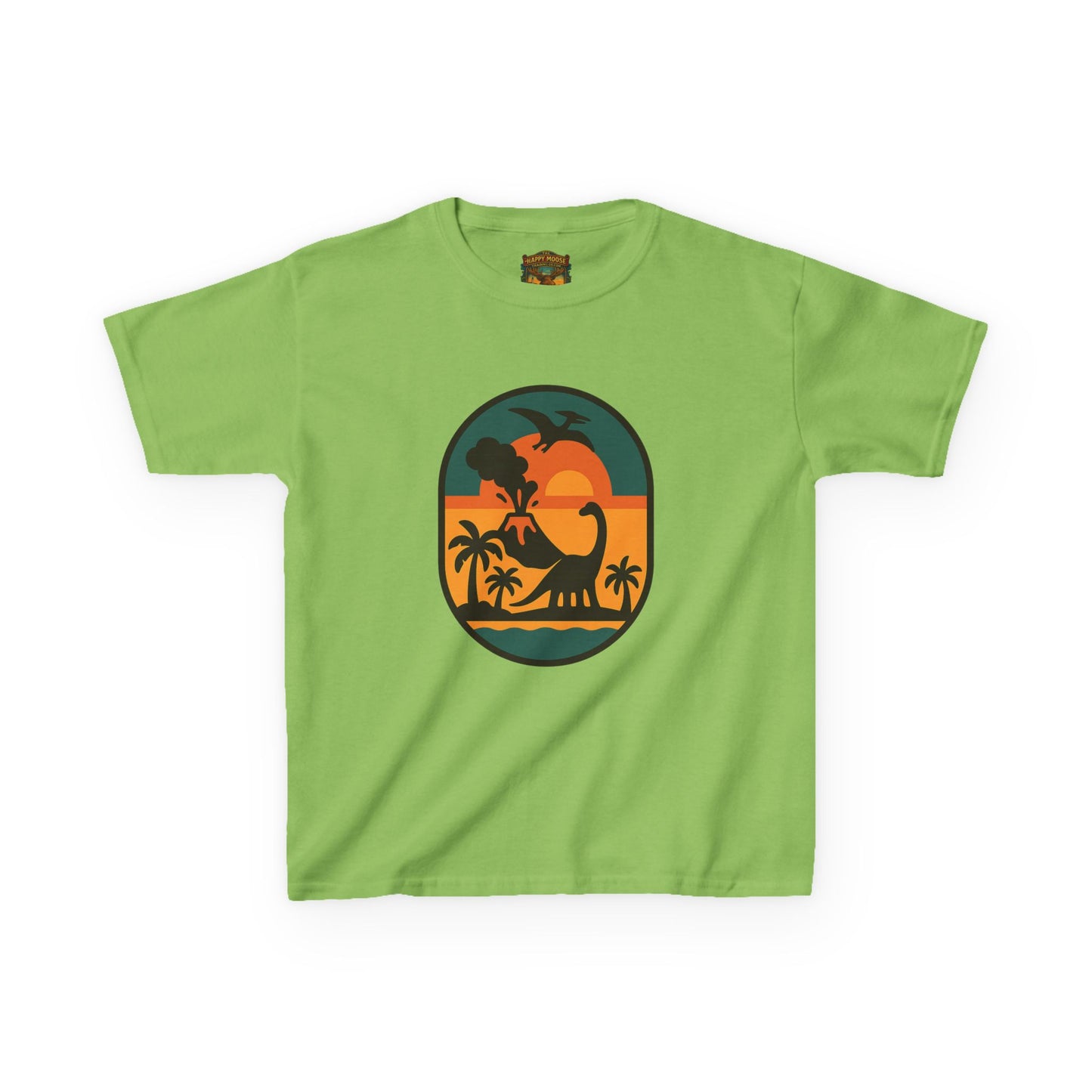 Kids T‑Shirt — Retro Tropical Dinosaur Sunset