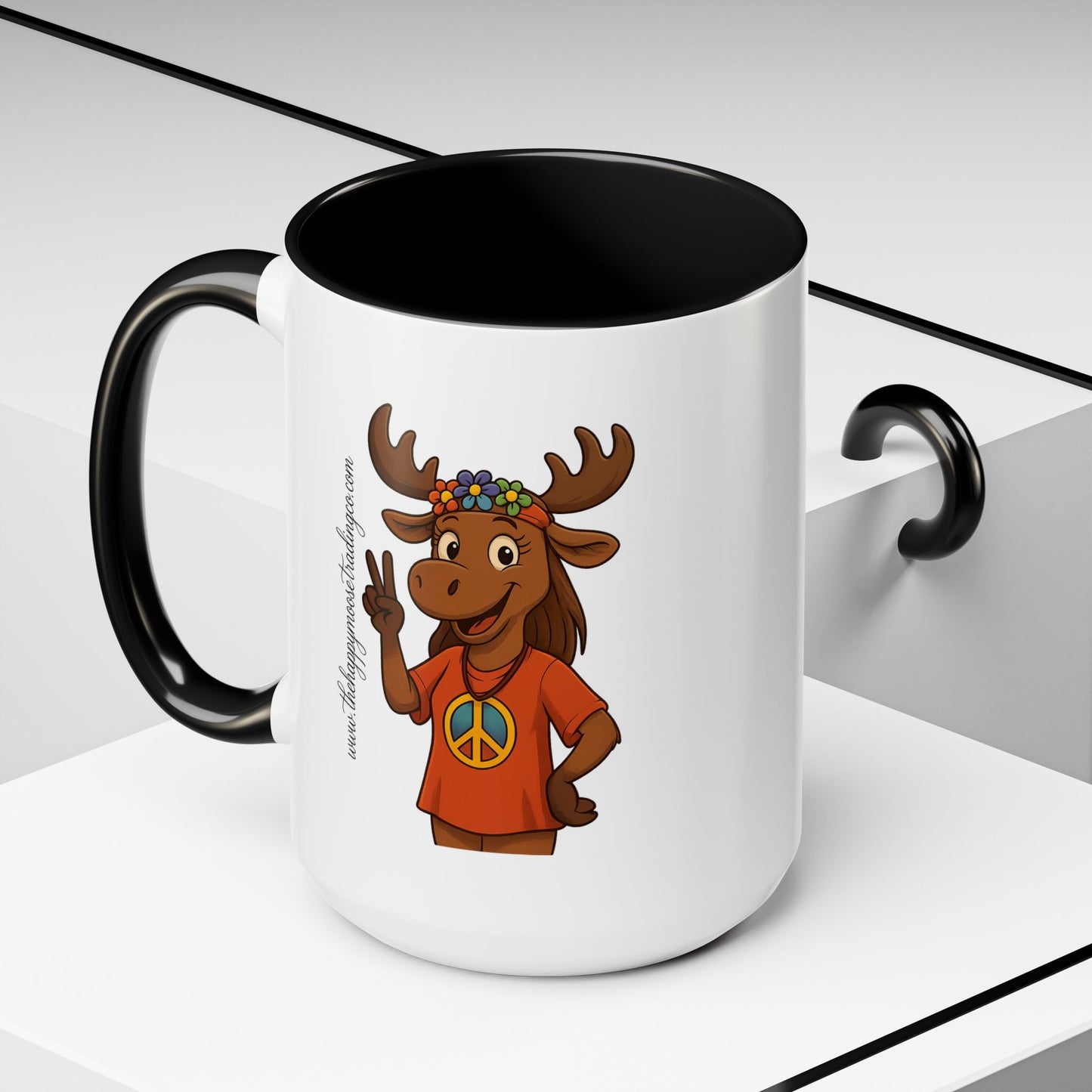 Peace Sign Moose Accent Coffee Mug — Hippie Moose with Flower Crown (11/15oz)